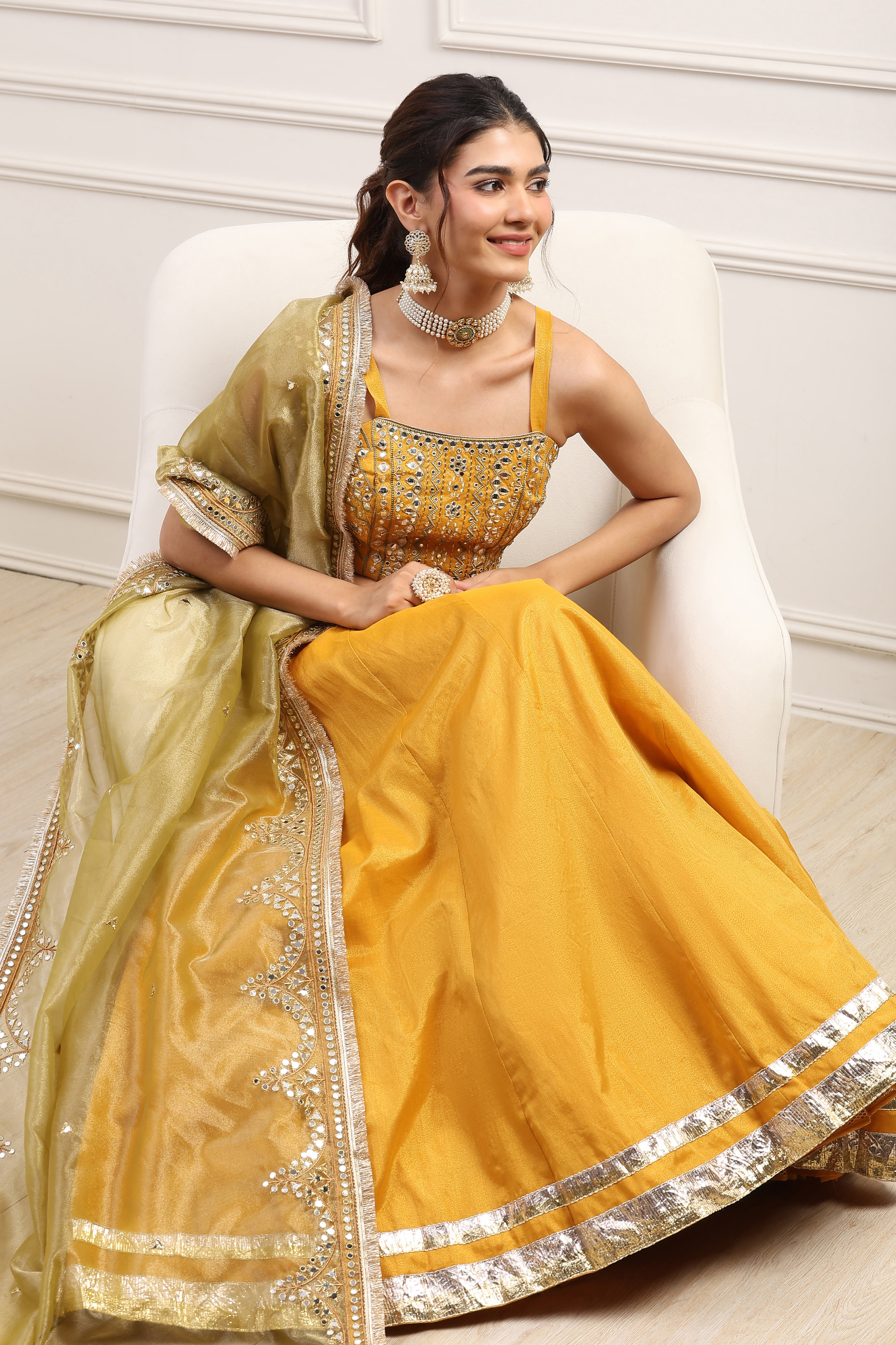 Yellow Cotton Zari Tissue Embroidered Lehenga Set image number 0