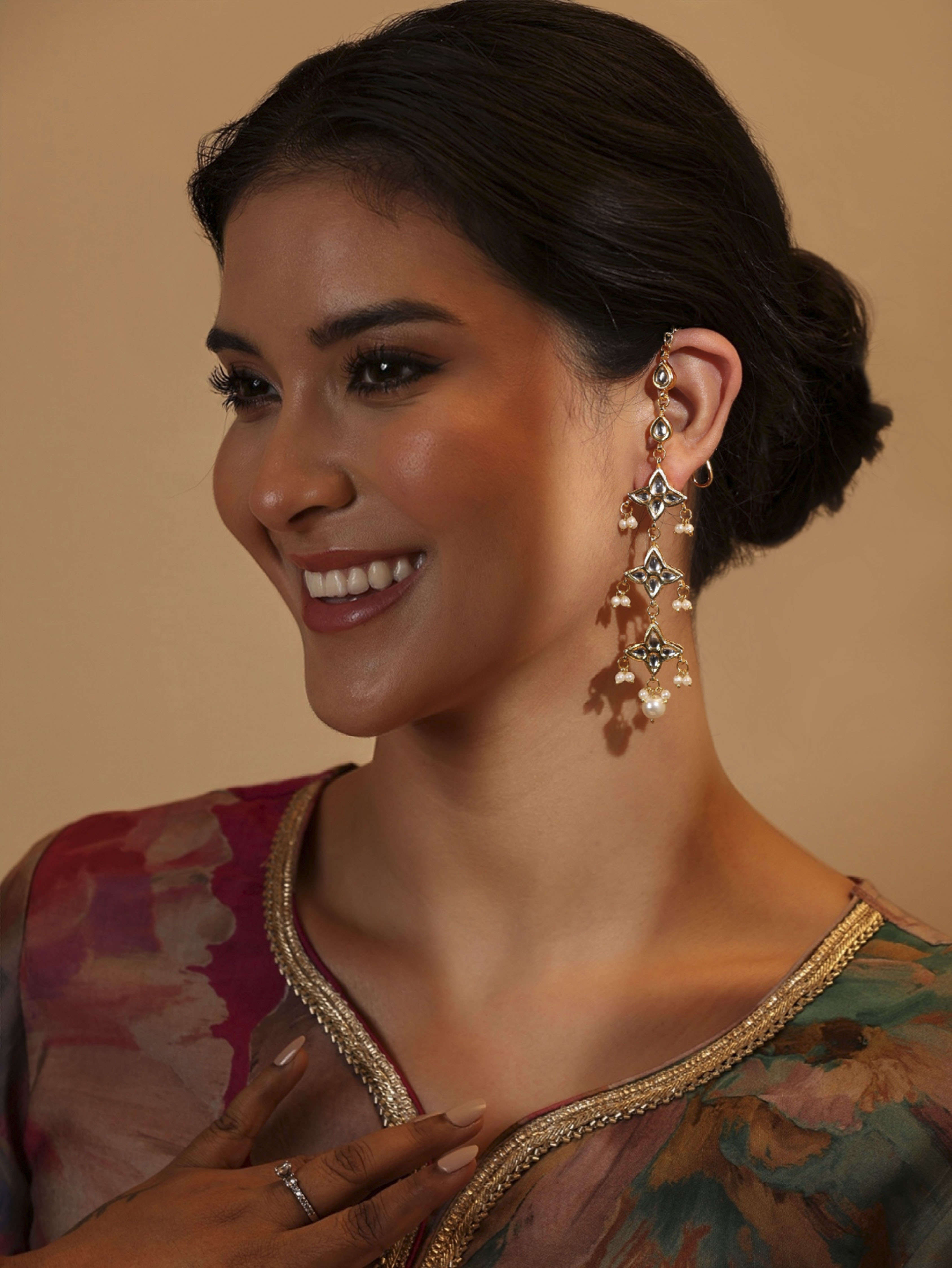 Gold Plated Brass Studded Kaanchain Earrings image number 3