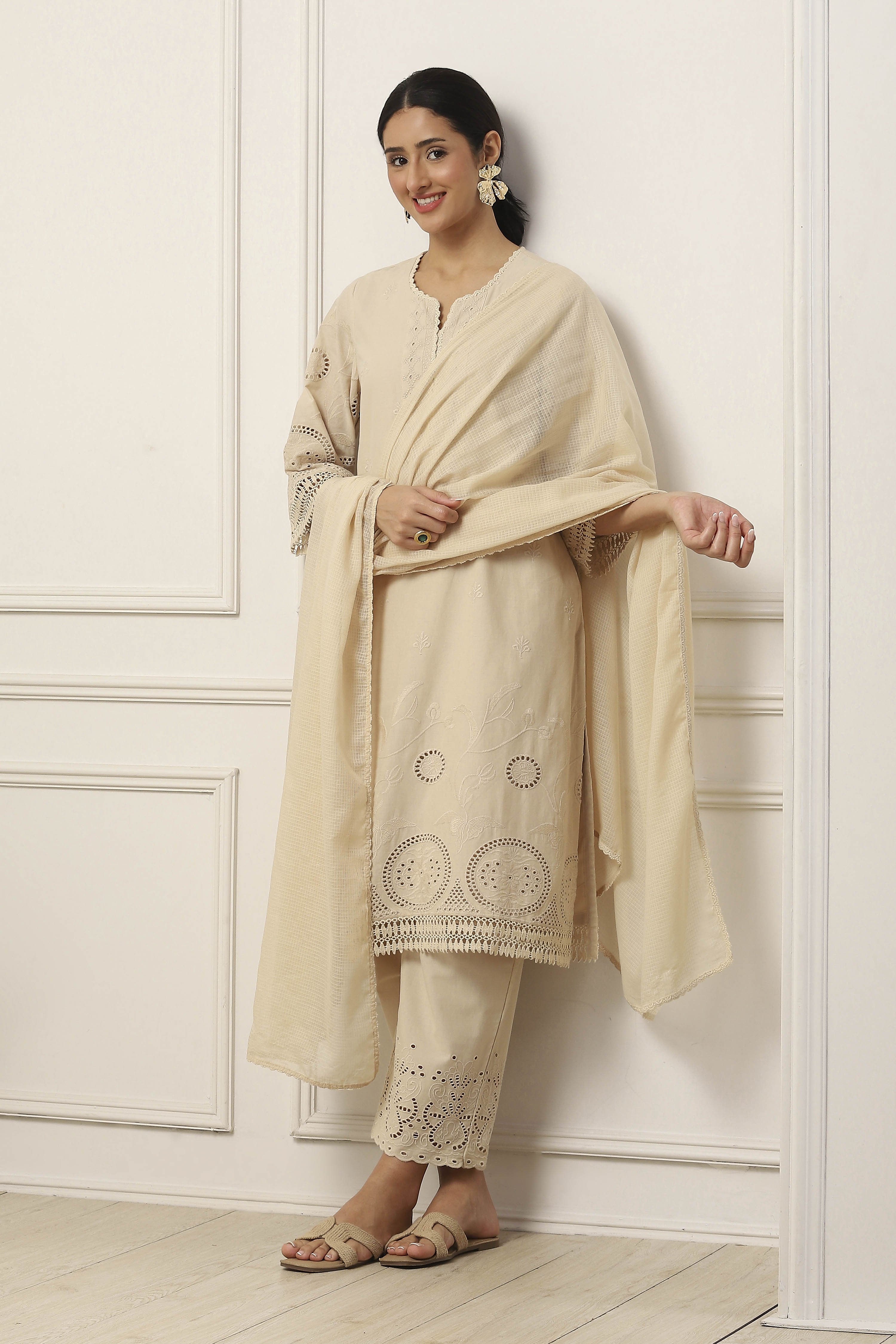 Beige Cotton All-Over Floral Straight Suit Set image number 0