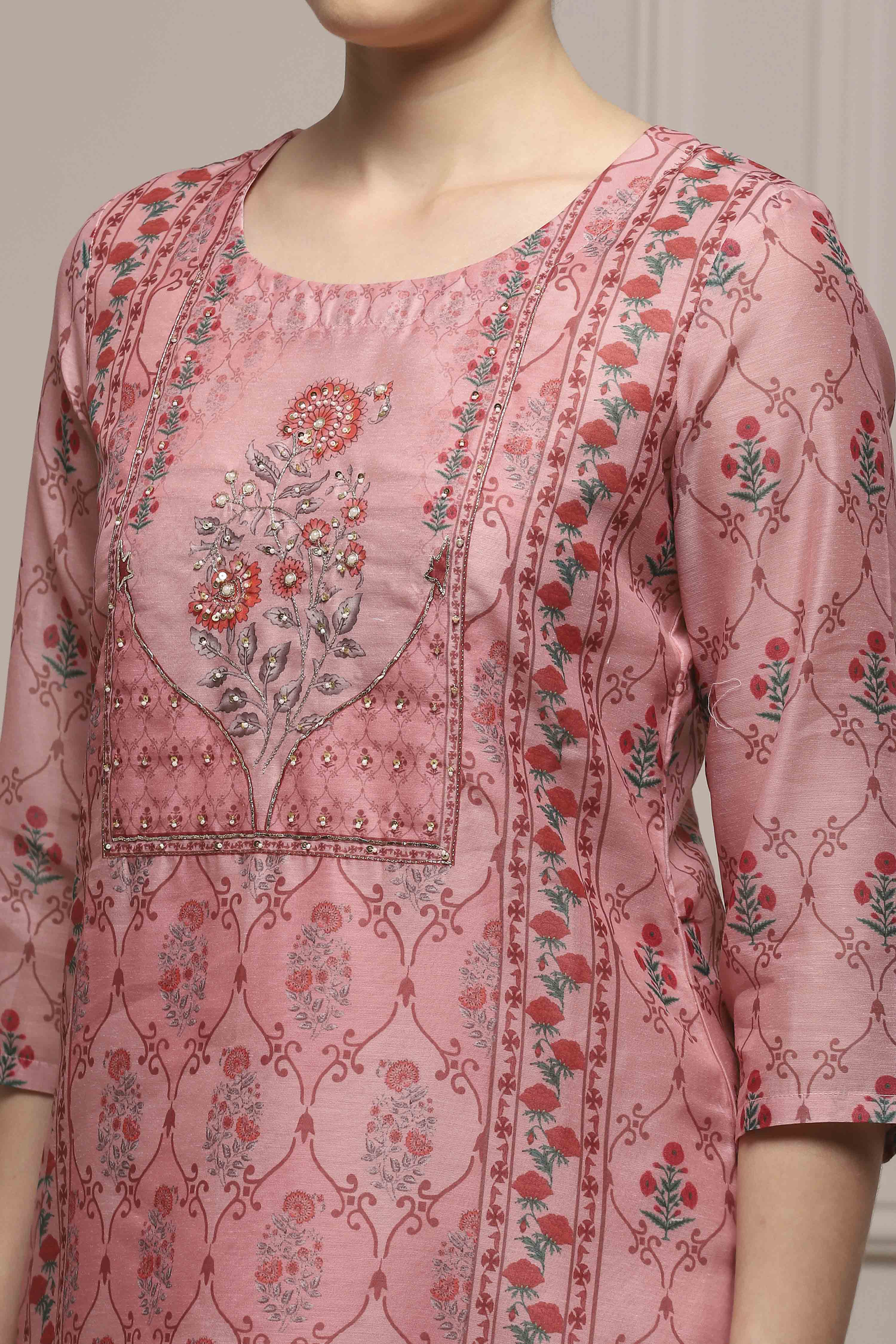 Pink Chanderi Blend Printed Embroidered Unstitched Suit Set image number 2