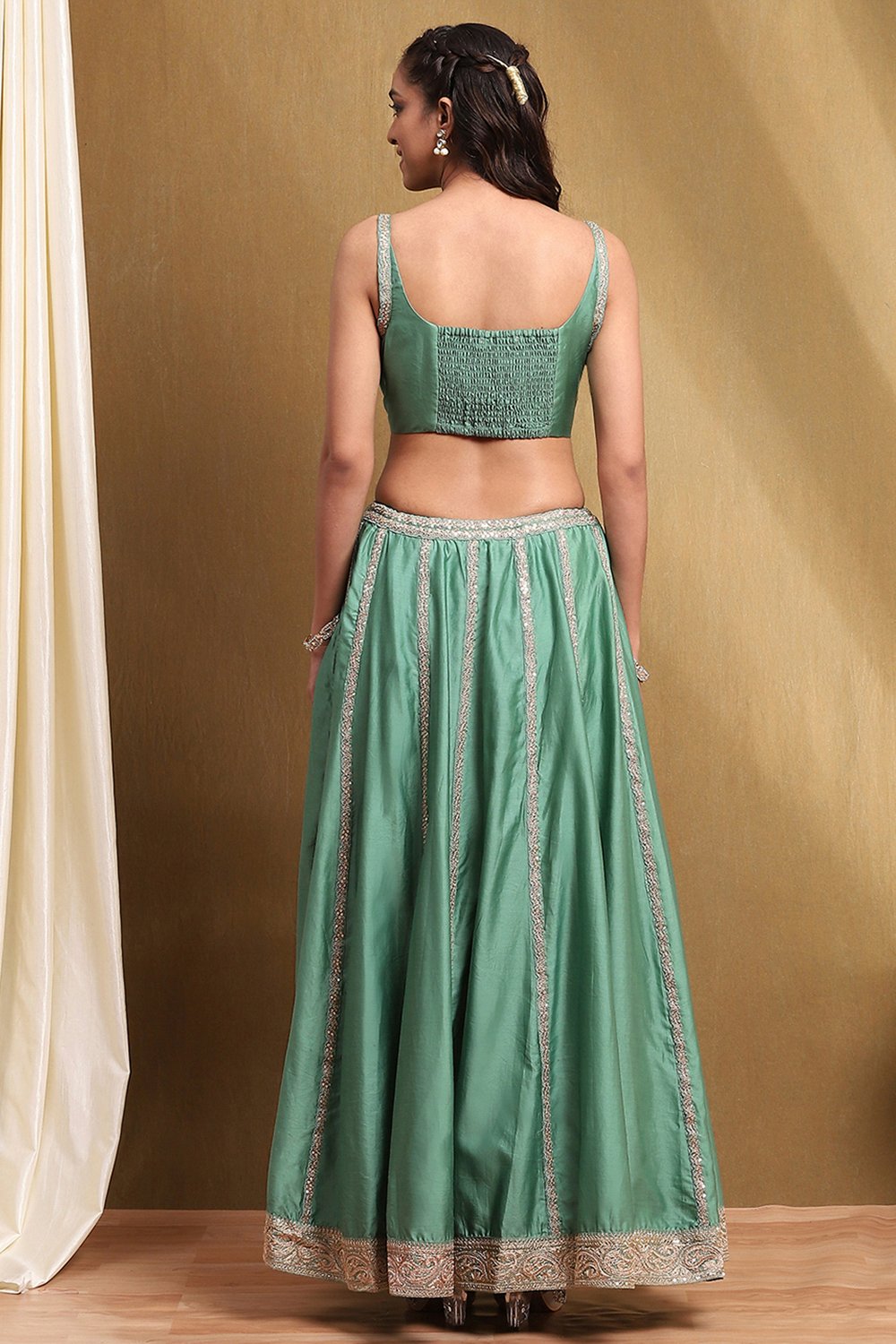 Sea Green Chanderi Silk Lehenga Set image number 4