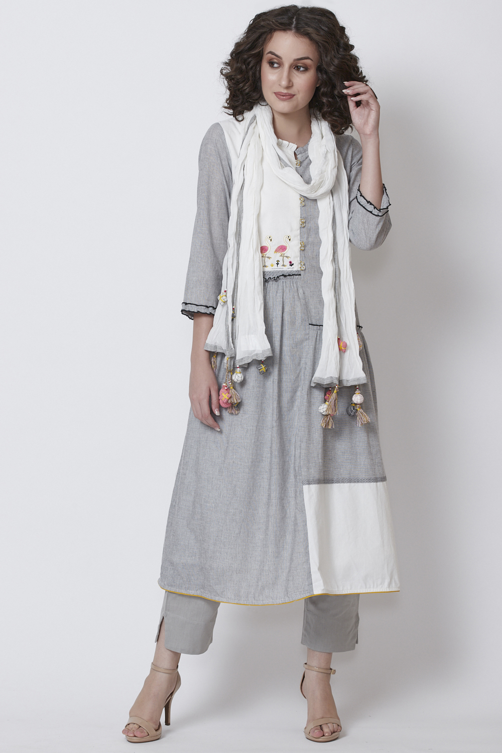 Grey Cotton A-Line Yarndyed Kurta image number 4