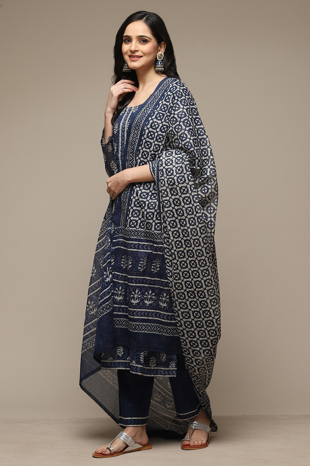 Blue Cotton Hand Block Print Unstitched Suit Set image number 2