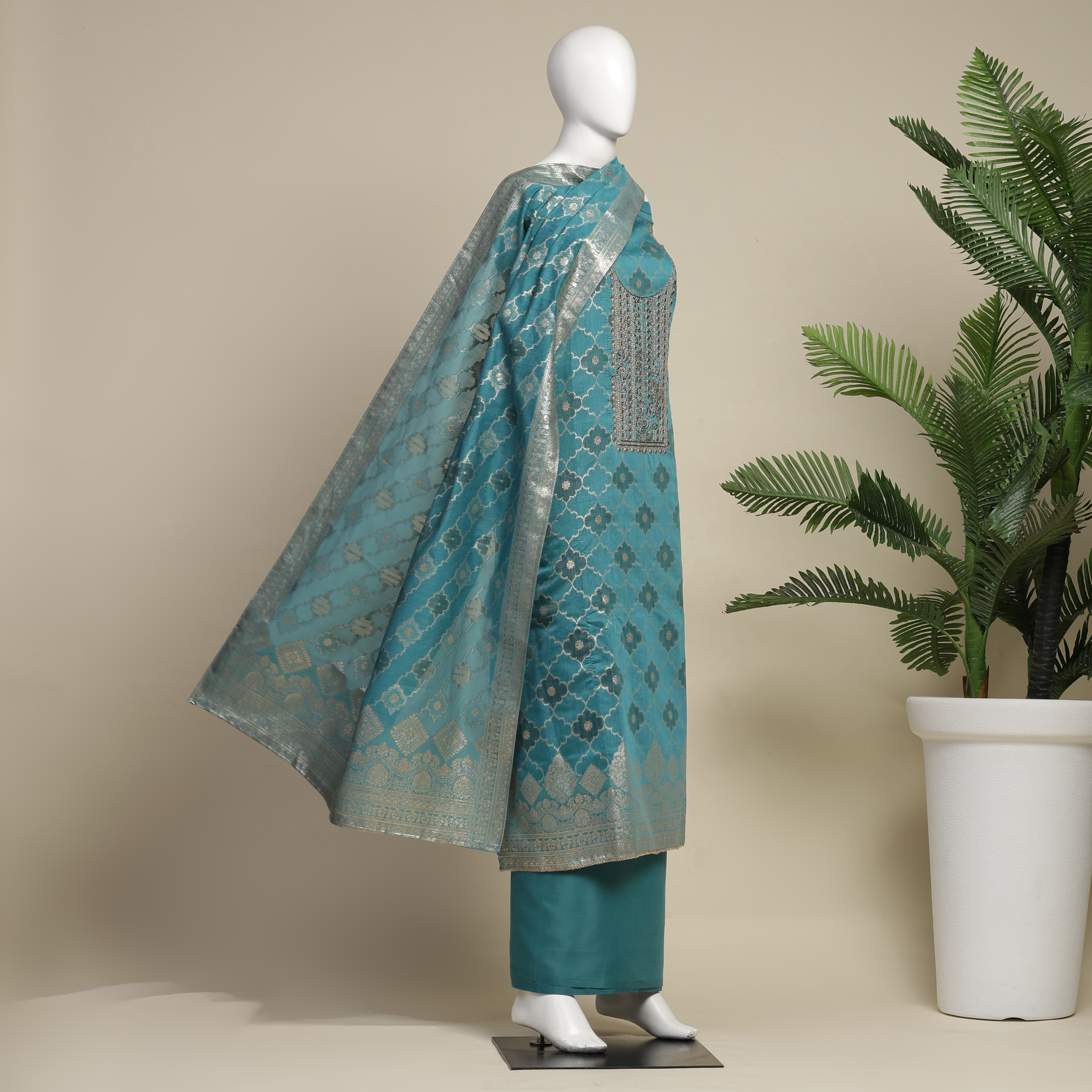 Lavender Tissue Chanderi Embroidered Unstitched Suit Set image number 4