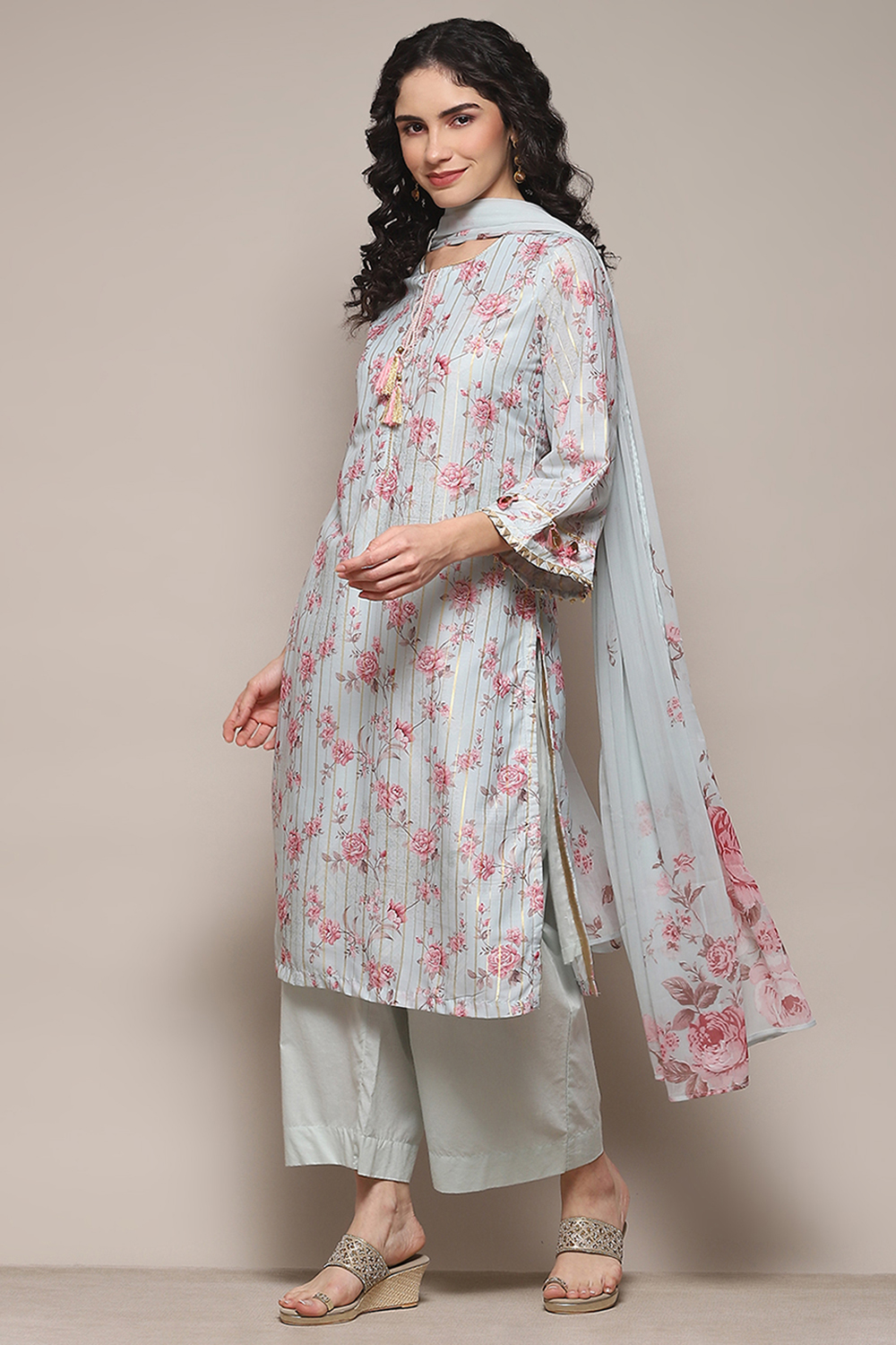 Grey Cambric Straight Kurta Palazzo Suit Set image number 4