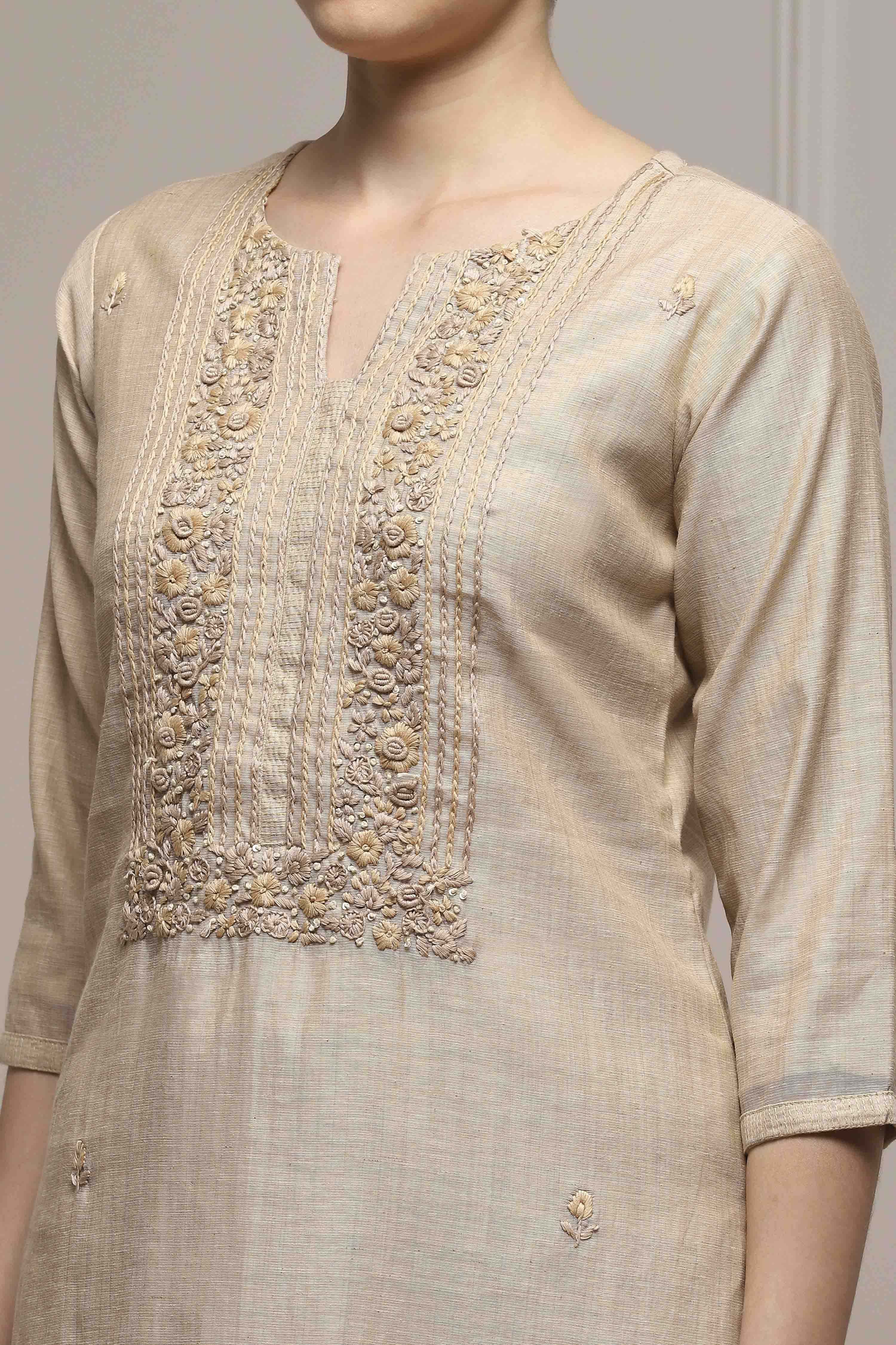 Beige Chanderi Blend Hand Embroidered Unstitched Suit Set image number 2