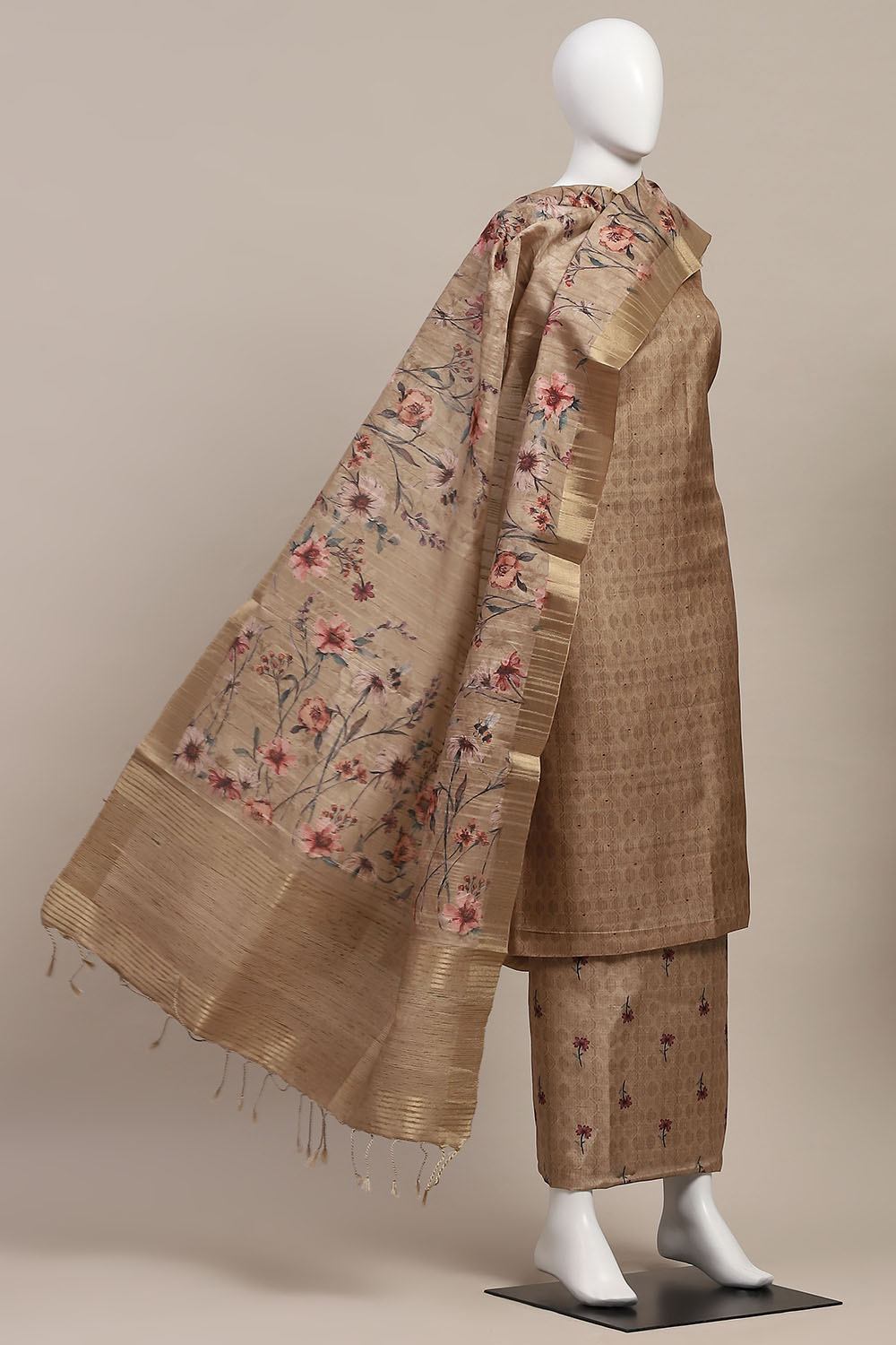 Peach Silk Tussar Handloom Unstitched Suit Set image number 4