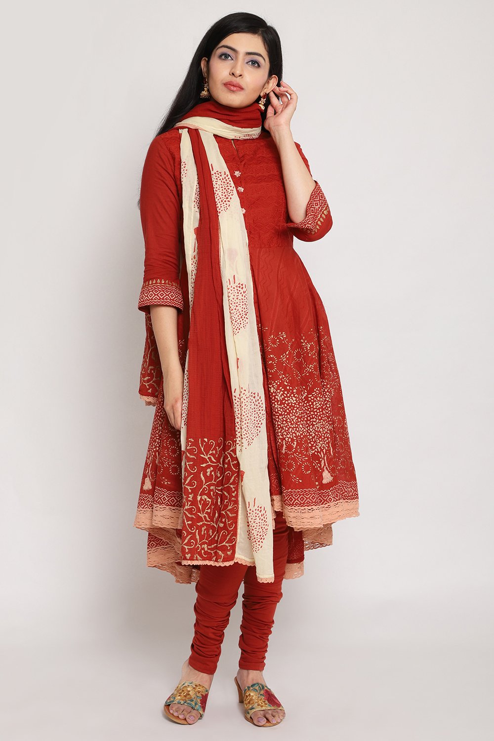 Red Cotton Asymmetric Kurta Churidar Suit Set image number 2