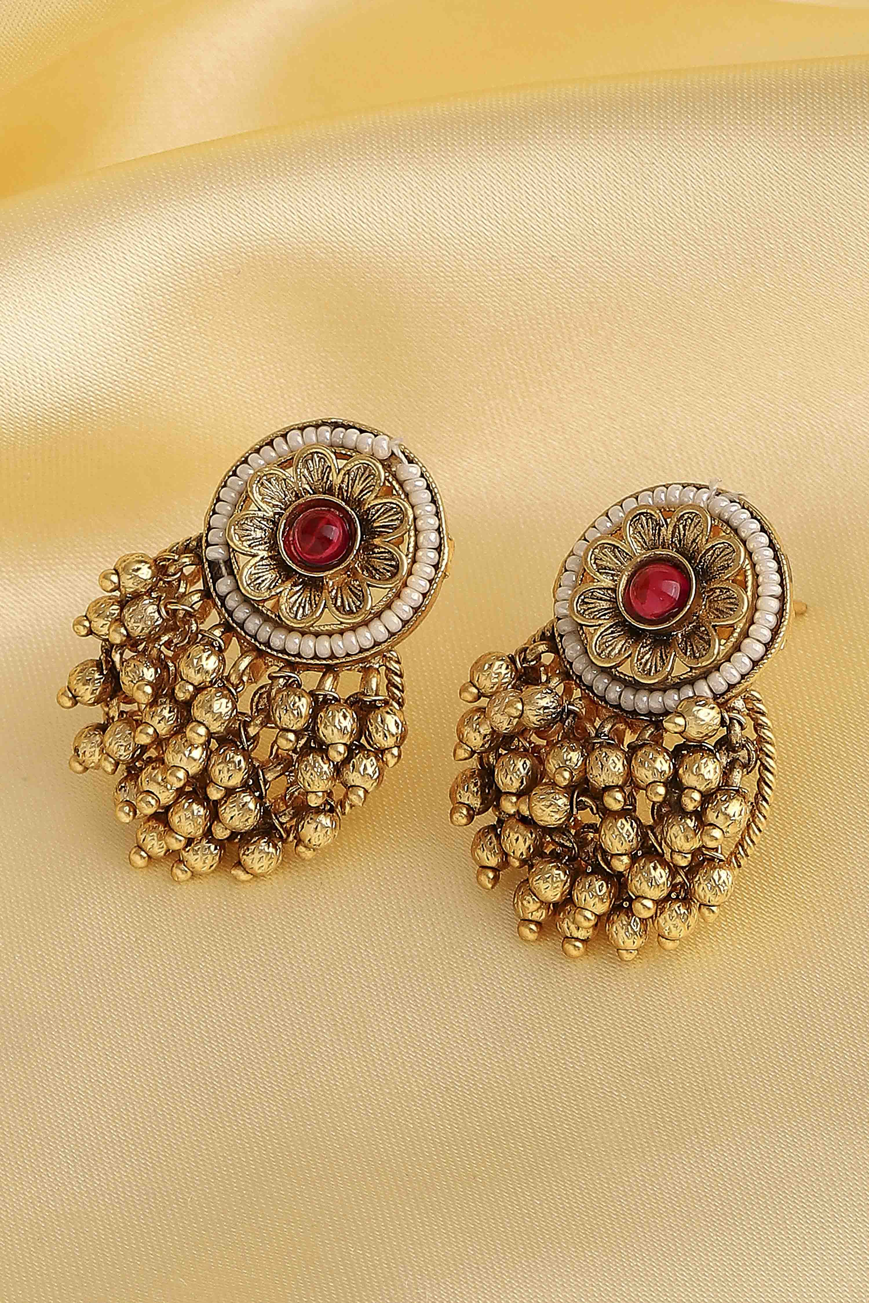 Red Gold Plated Alloy Floral Studded Drop Earrings image number 0