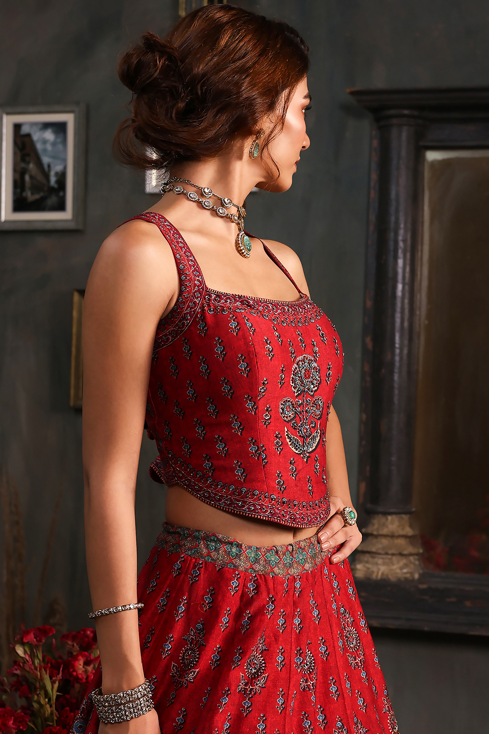 Red Chanderi Fitted Printed Lehenga Set image number 1