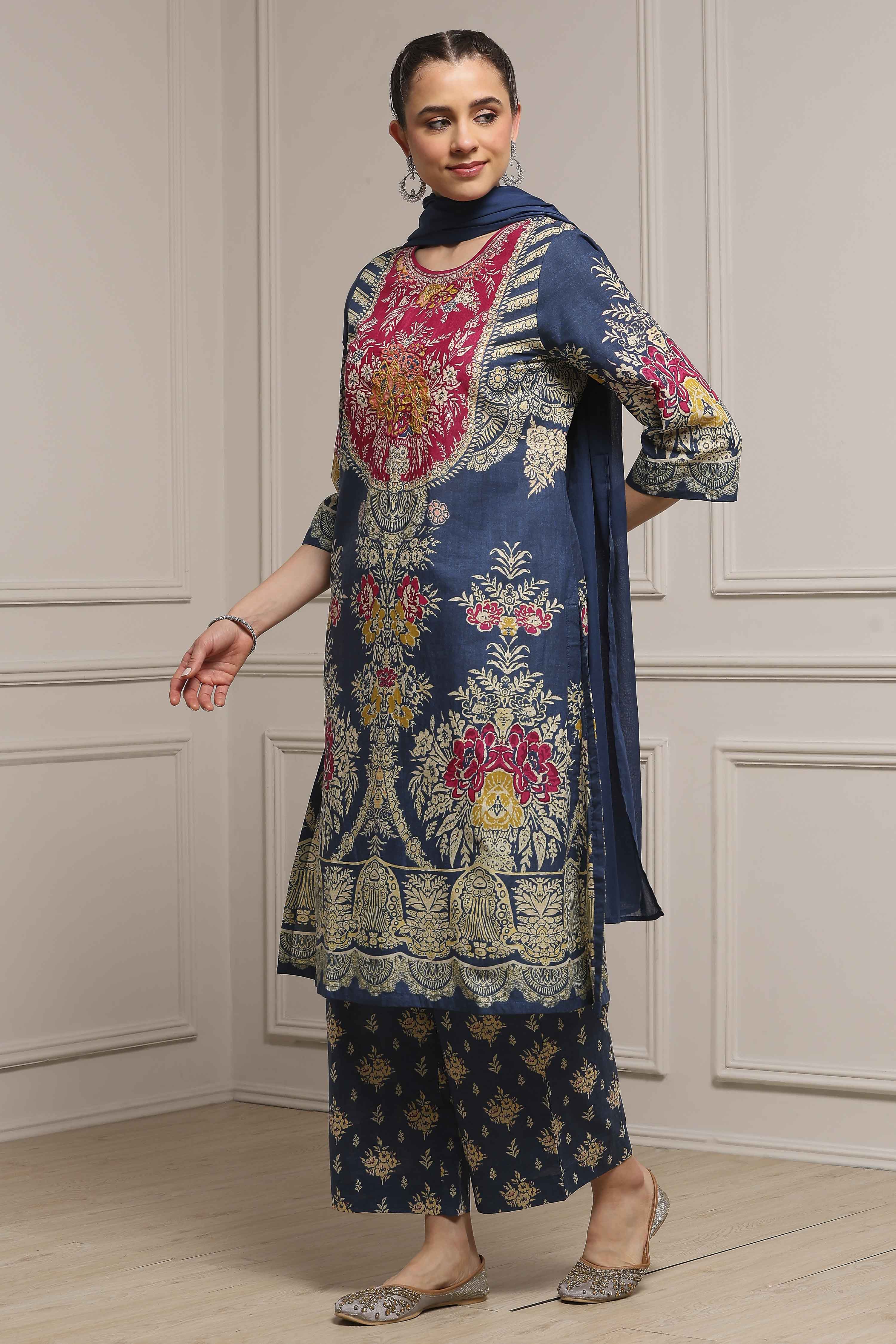 Blue Cotton Straight Printed Suit Set image number 3