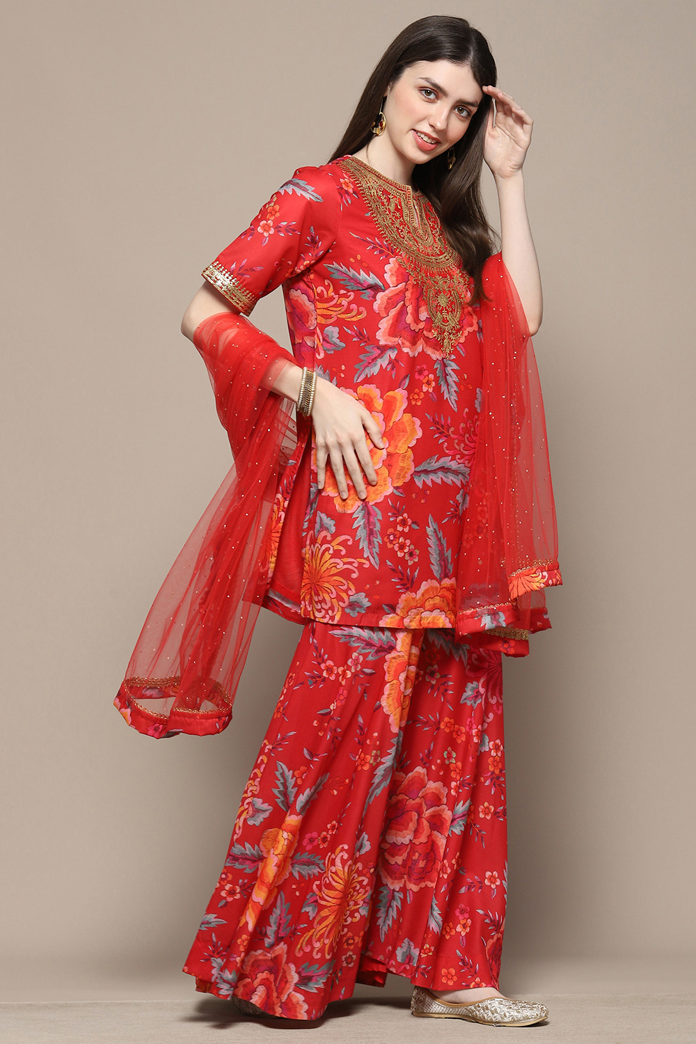 Red Polyester Straight Suit Set image number 6