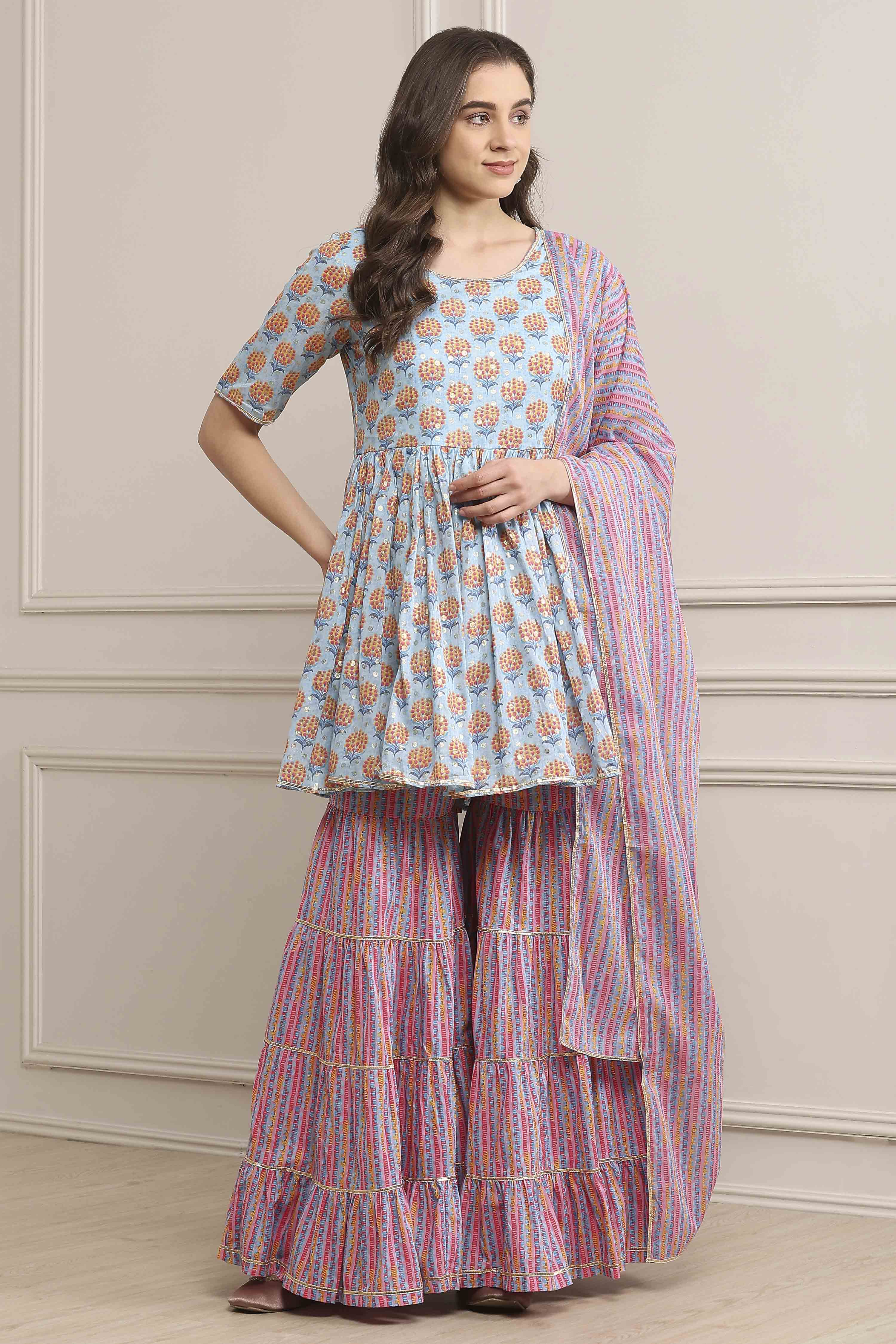 Light Blue Cotton Straight Kurta Garara Suit Set image number 6