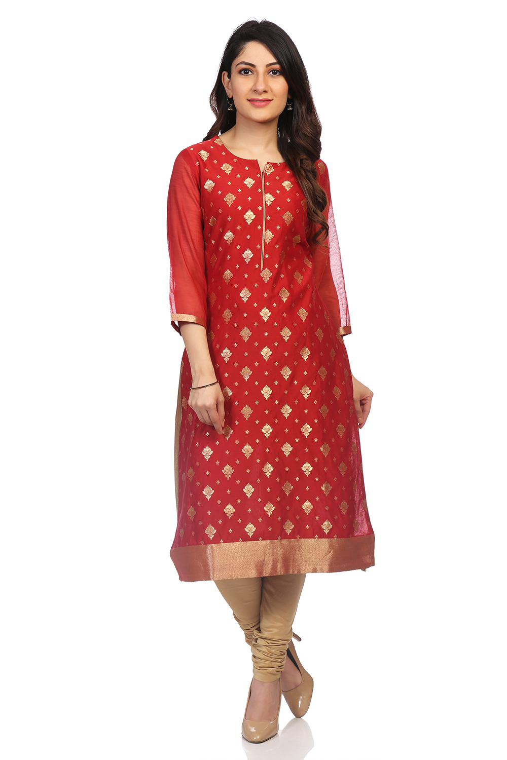 Red Poly Metallic Cotton Straight Printed Kurta image number 0