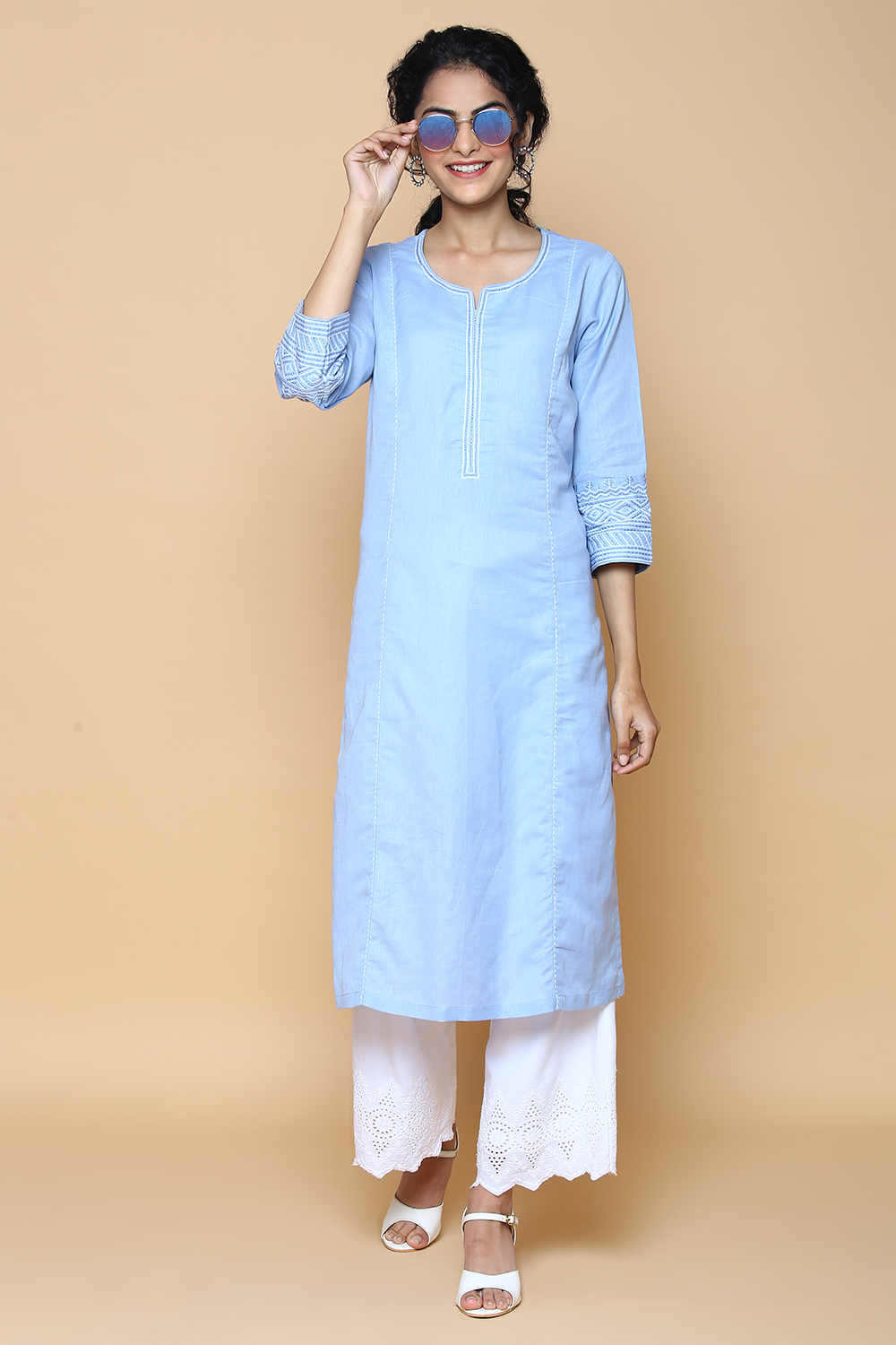 Peach Blue Cotton Linen Kurta image number 3