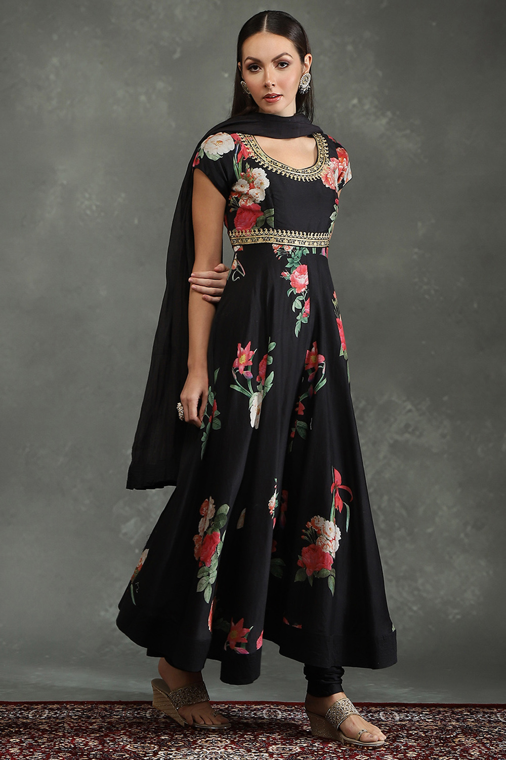 Black Silk Chanderi Floral Printed Anarkali Suit Set image number 5