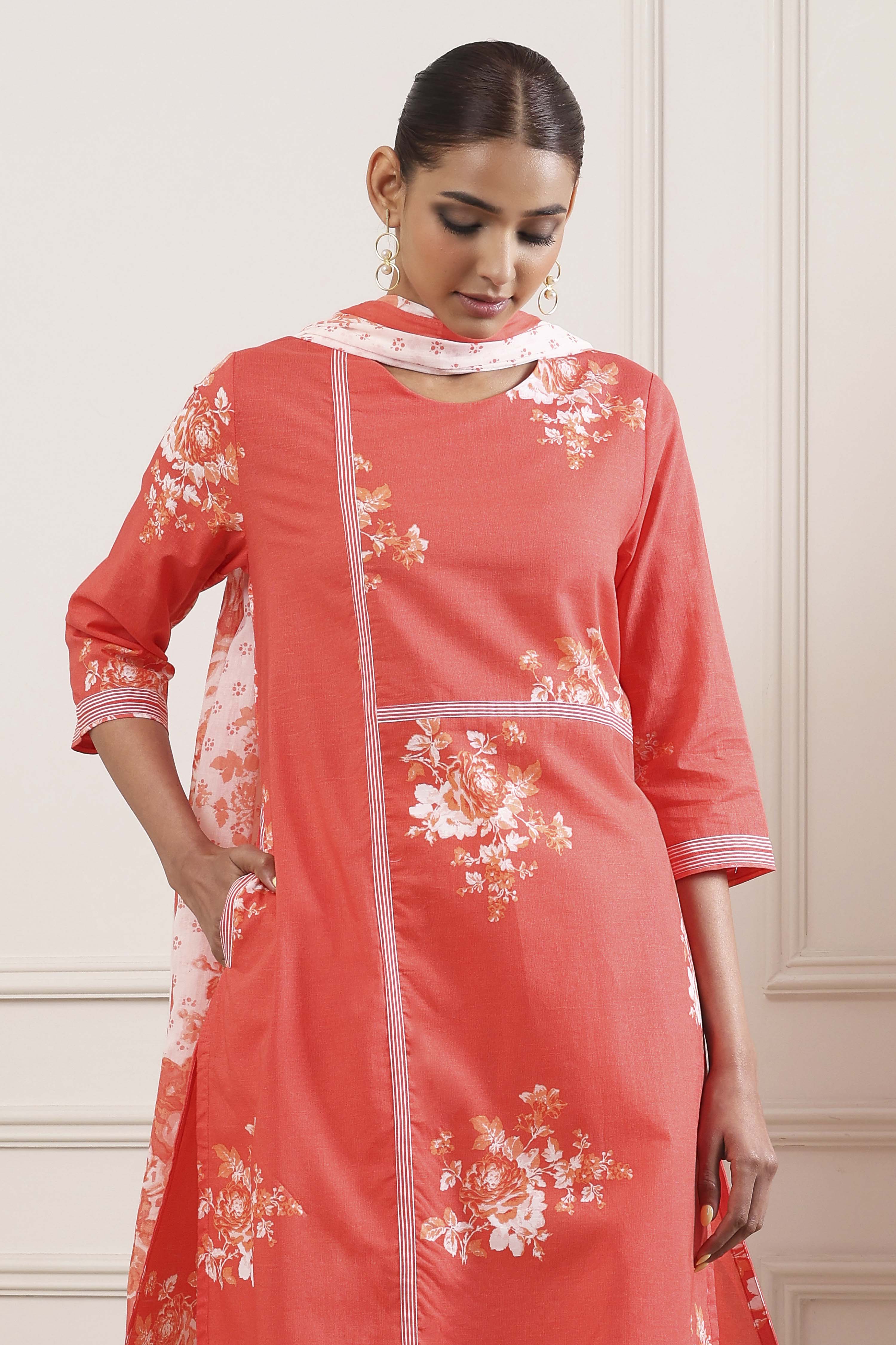 Orange and White Cotton Printed Straight Salwar Suit Set image number 1
