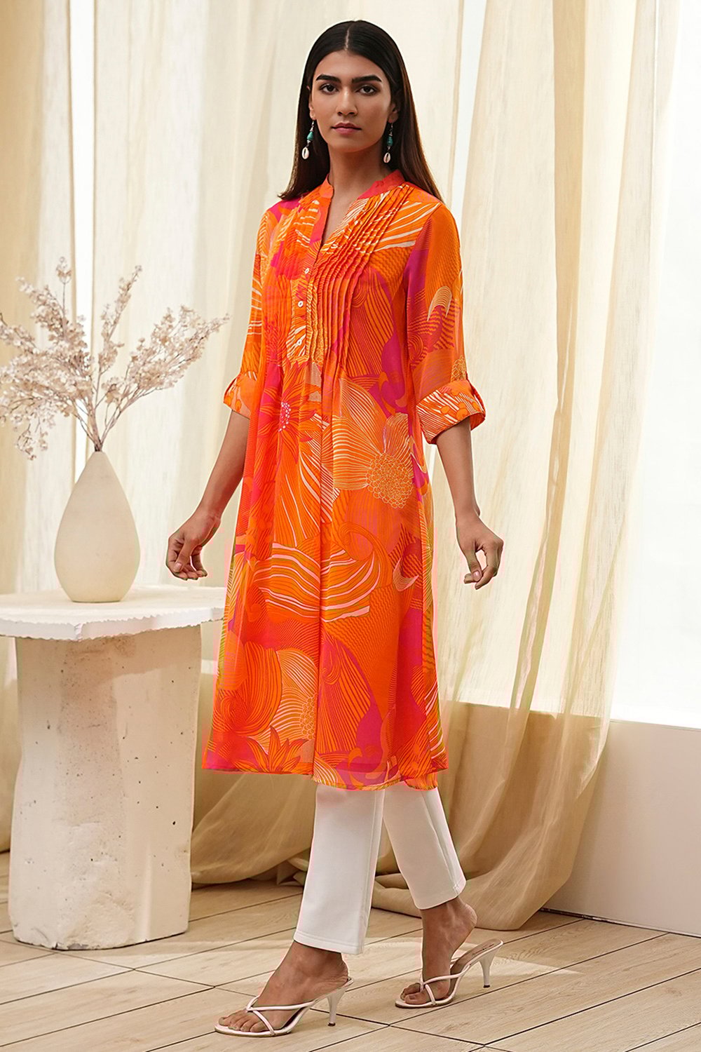 Blue Printed Pleated A-Line Kurta image number 2