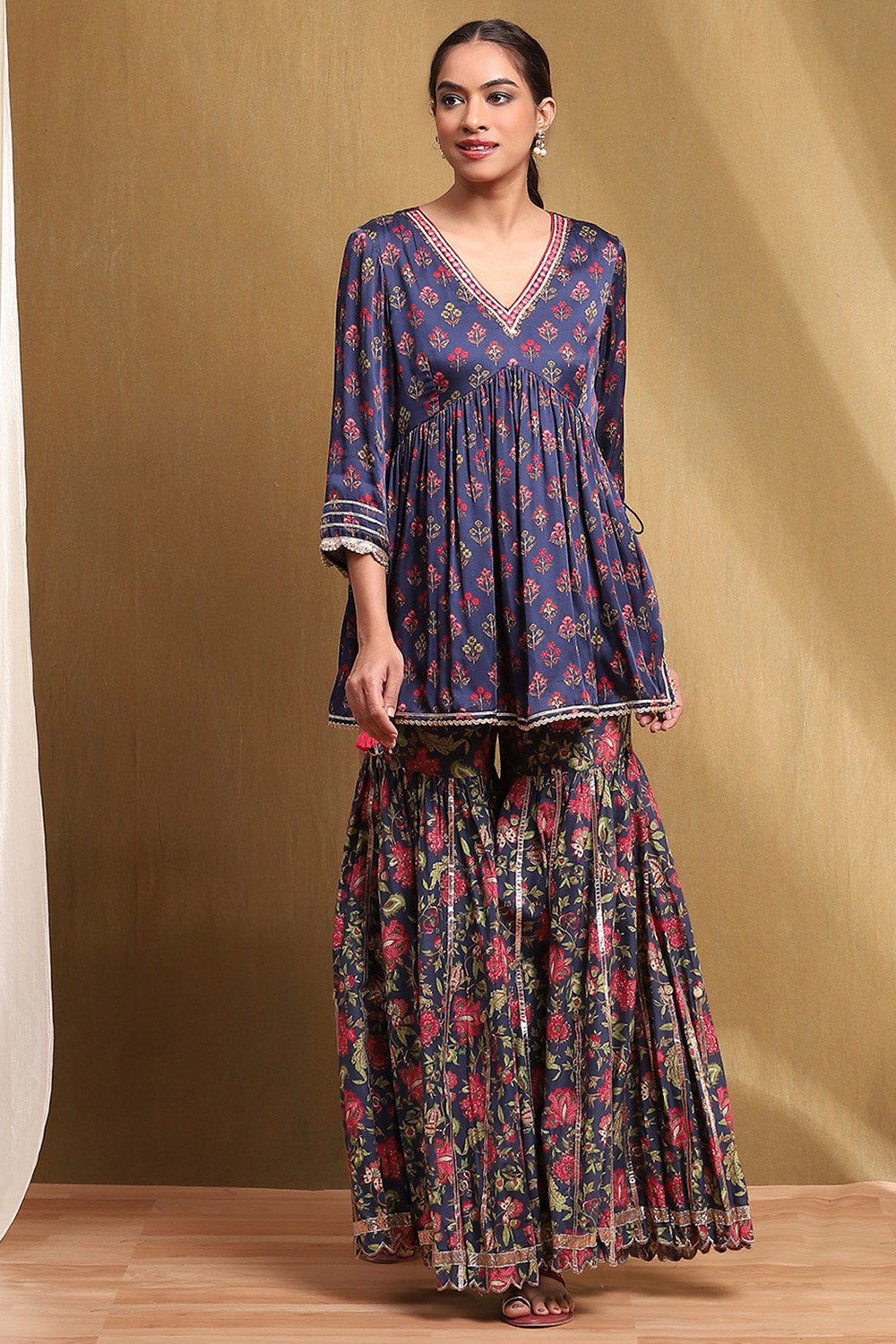 Navy Blue Viscose Floral Peplum Suit Set image number 6