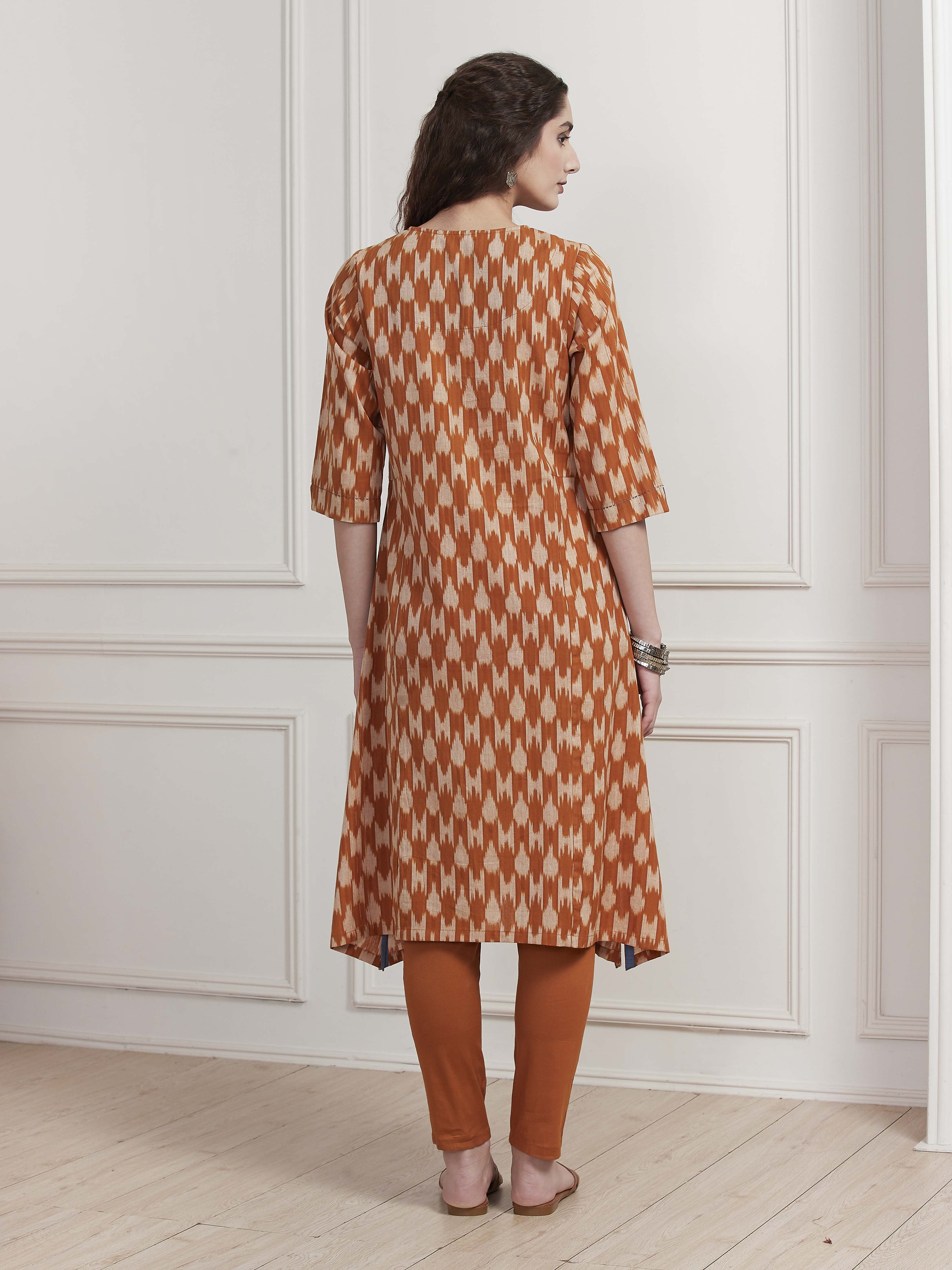 Rust Cotton Ikat Printed A-Line Kurta image number 3