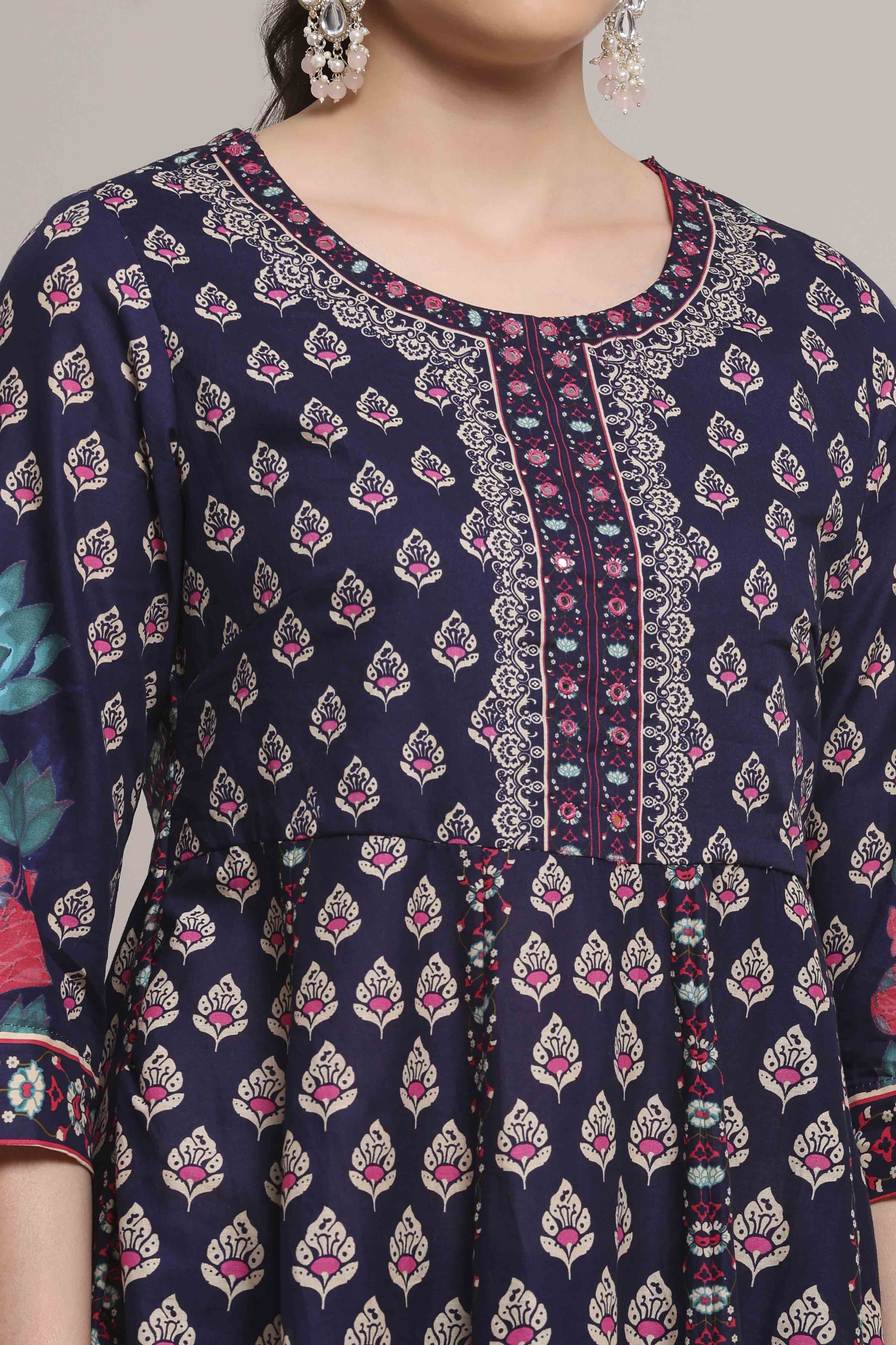 Navy Cotton Anarkali Printed Suit Set image number 1