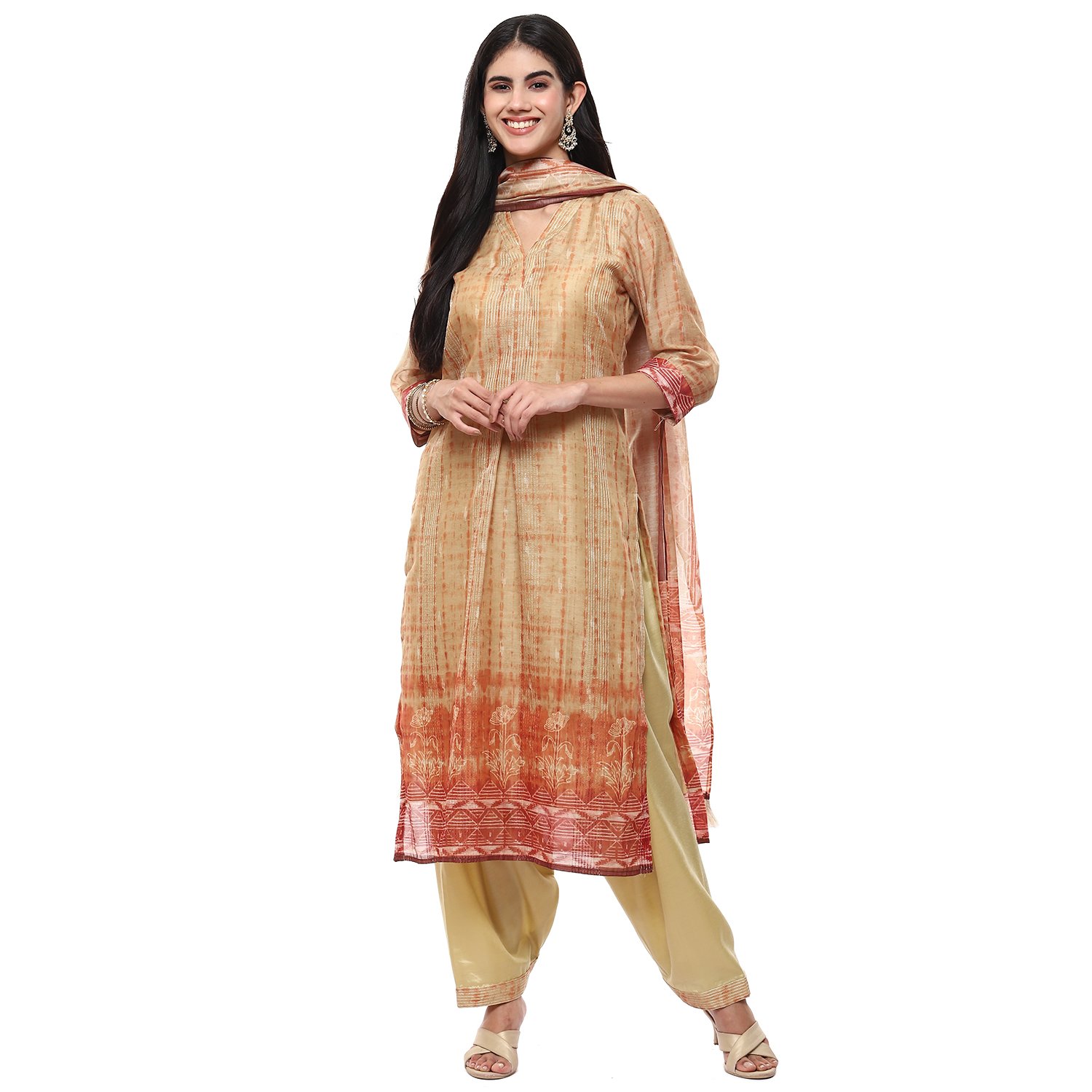 Mustard Chanderi Digital Print Unstitched Suit Set image number 0