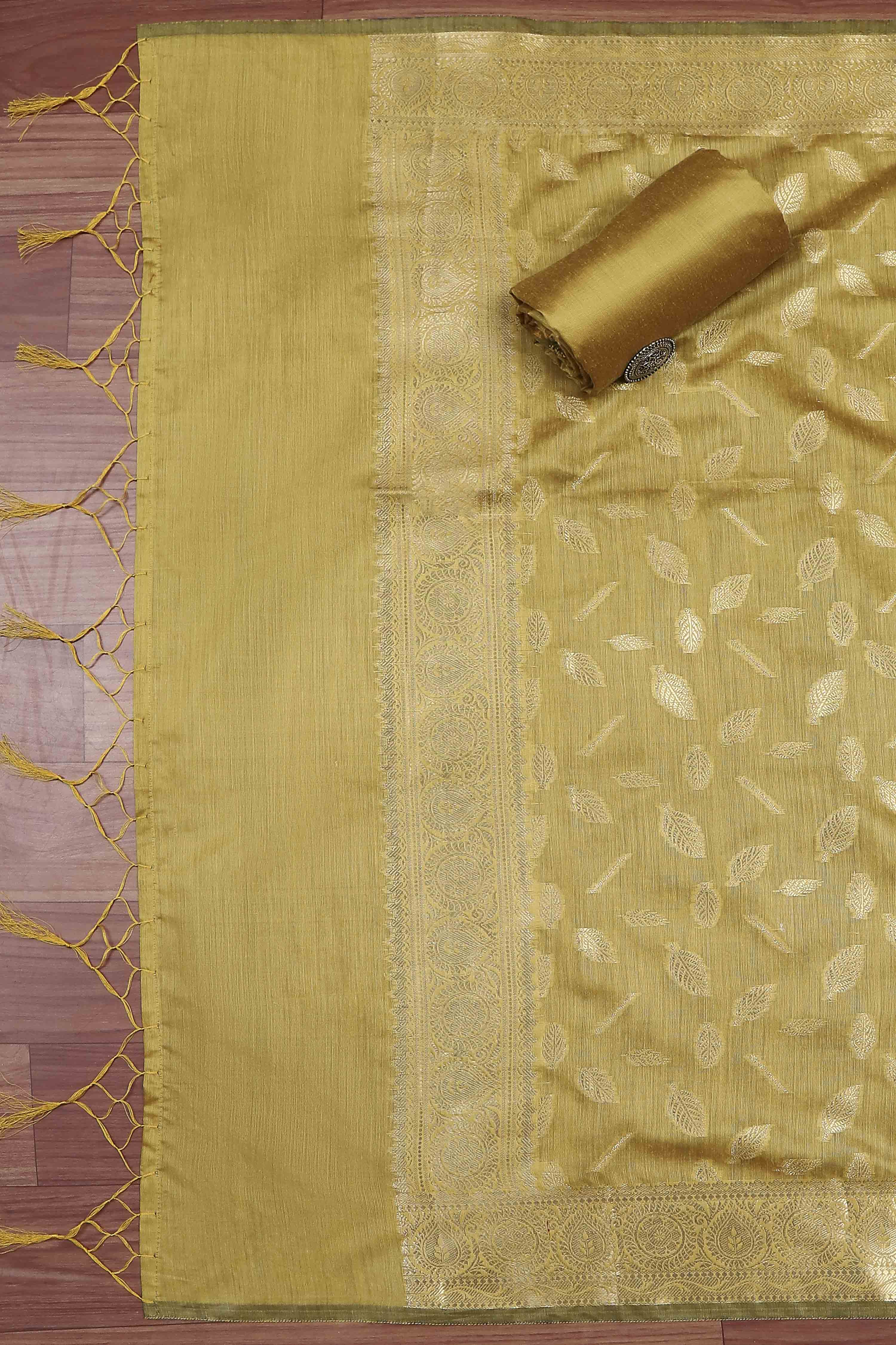 Mustard Banarasi Chanderi Banarasi Print Unstitched Suit Set image number 3
