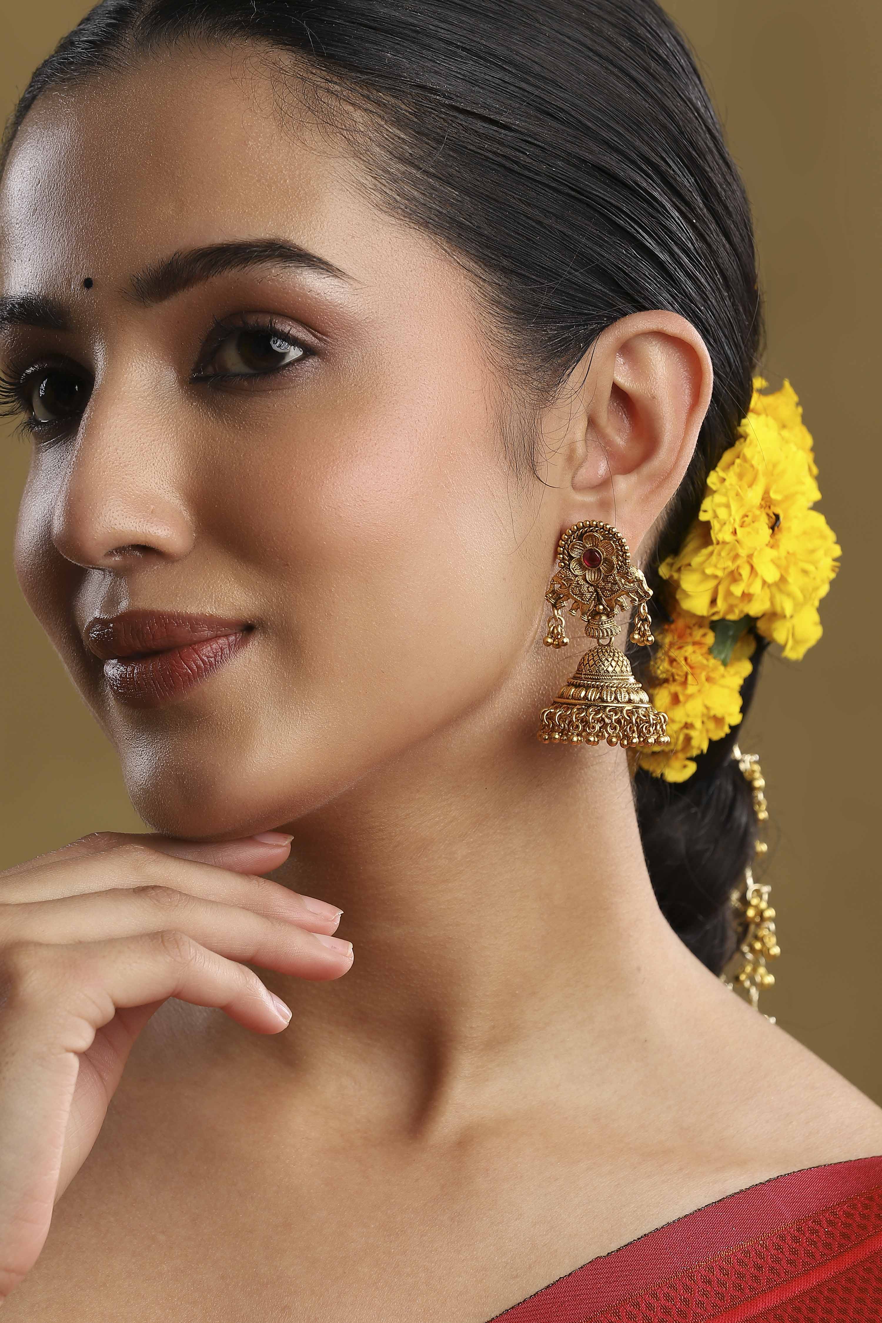 Gold Plated Brass Minimal Stone Studded Jhumkas image number 5