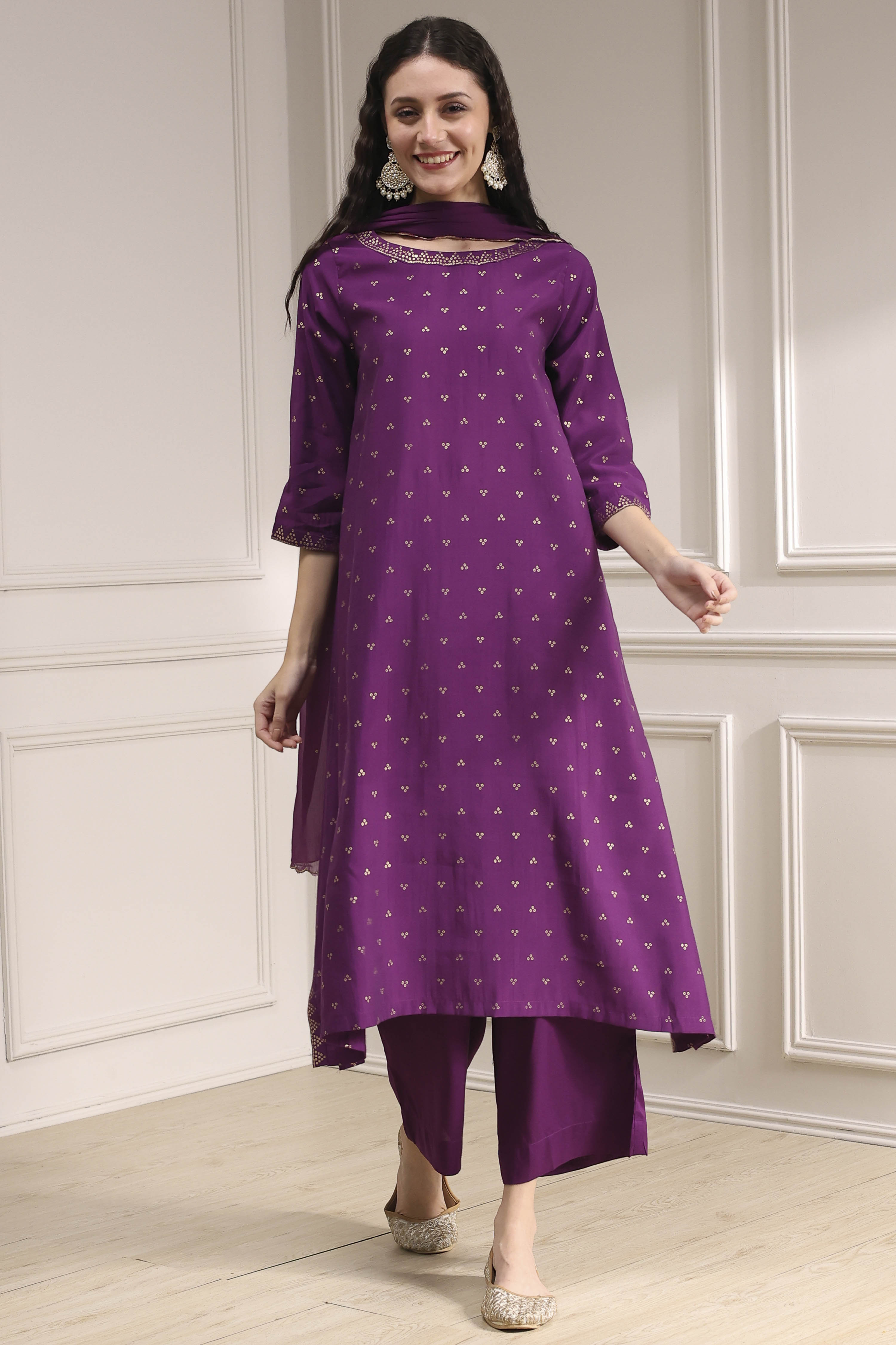 Purple Polyseter Blend Straight Printed Fusion Set image number 6