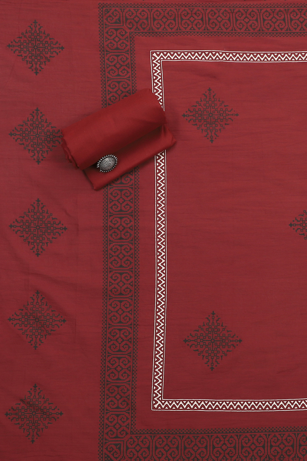 Off-White-Red Flex Hand Block Print Unstitched Suit Set image number 3