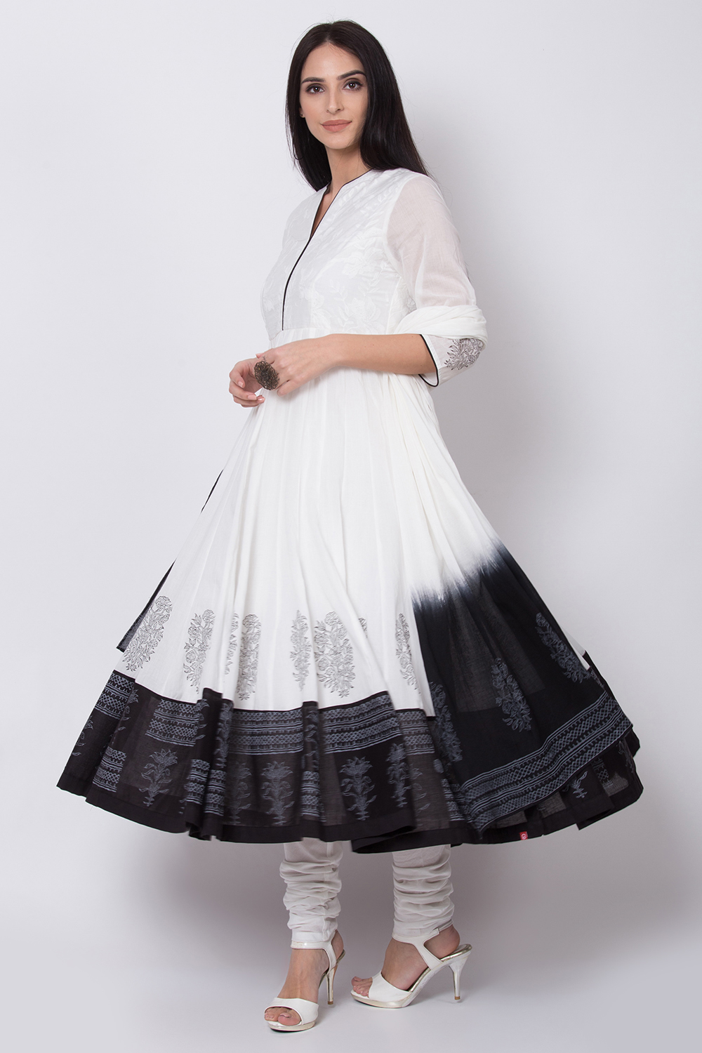 Off White And Black Cotton Anarkali Kurta Churidar Suit Set image number 0