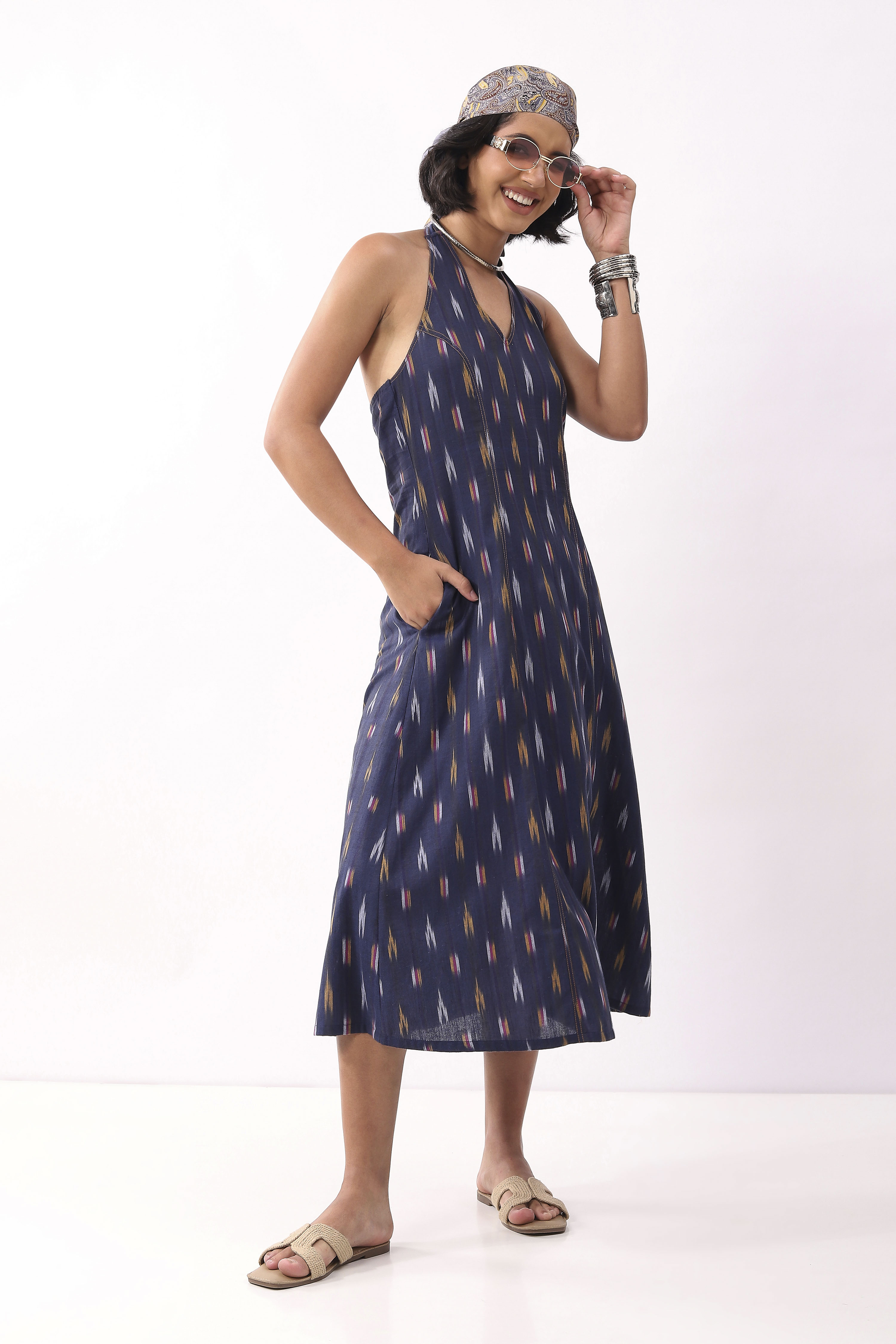 Navy Blue Cotton Abstract A-Line Midi Dress image number 4
