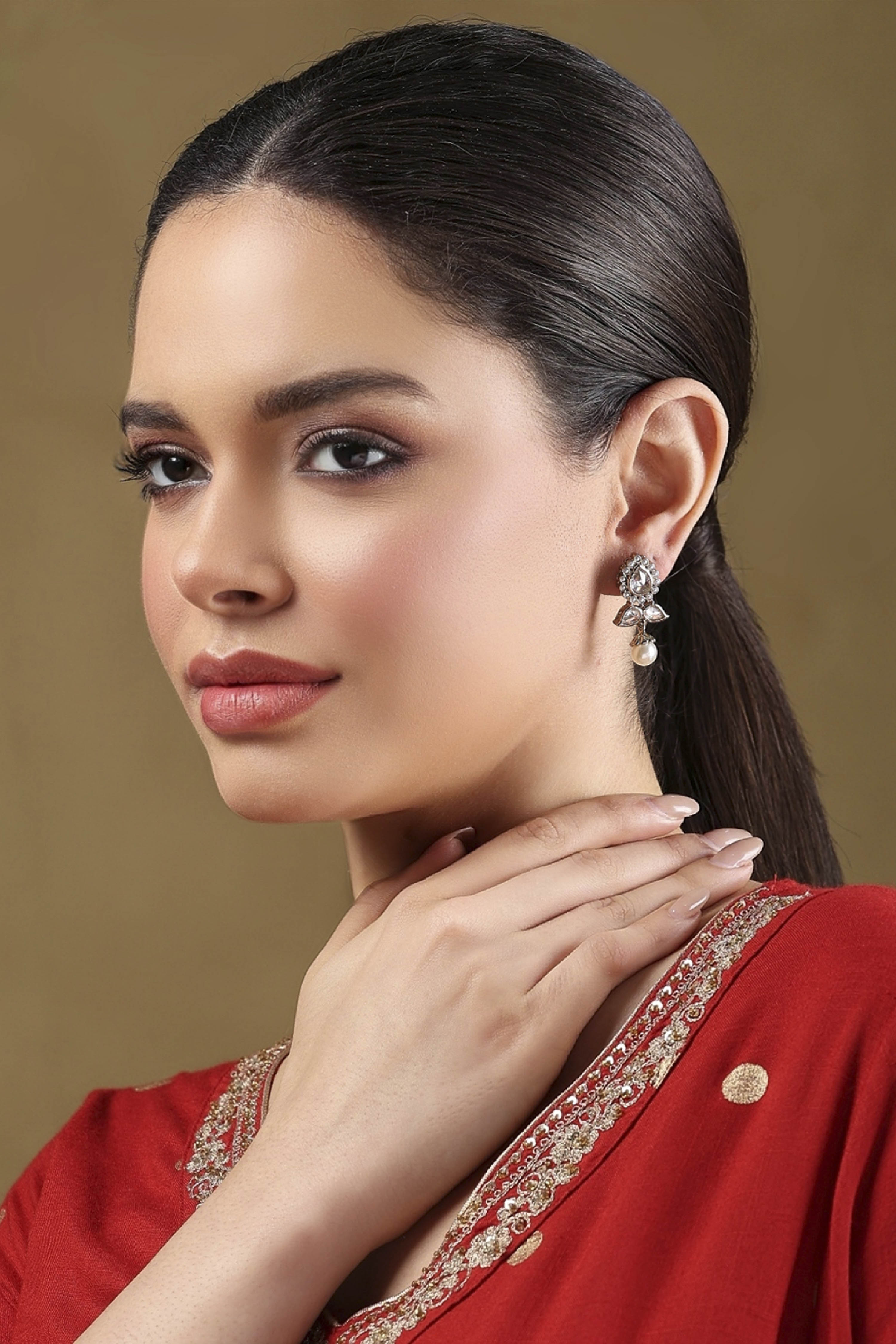 Silver Toned Gold Plated Brass Studded Drop Earrings image number 3