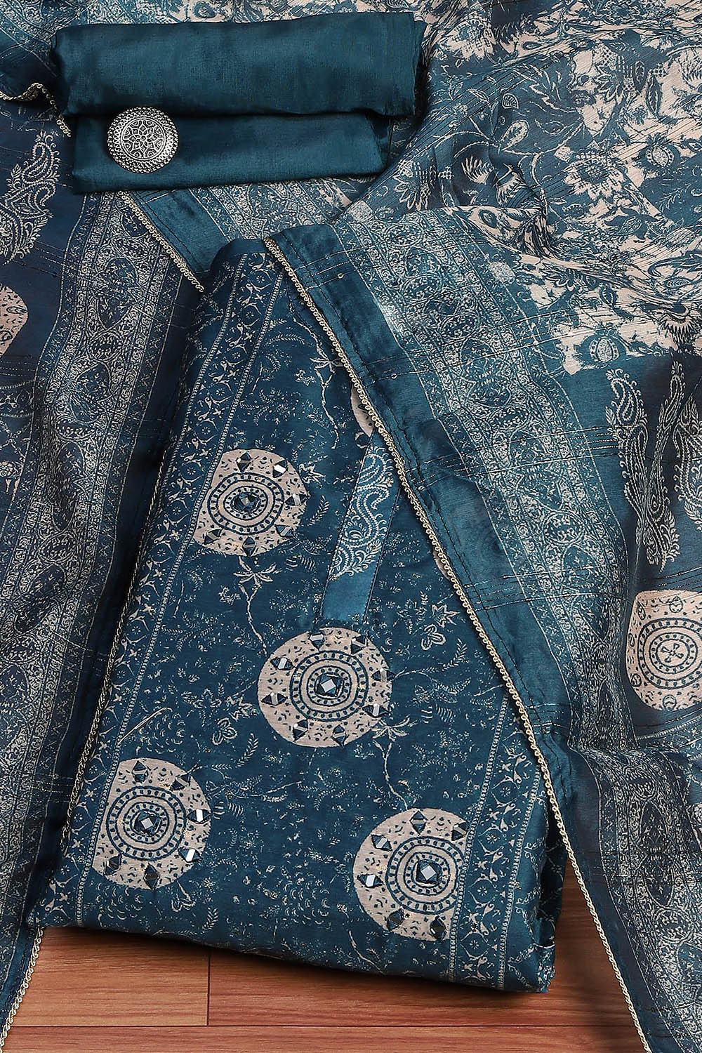 Beige Chanderi Printed Unstitched Suit Set image number 0