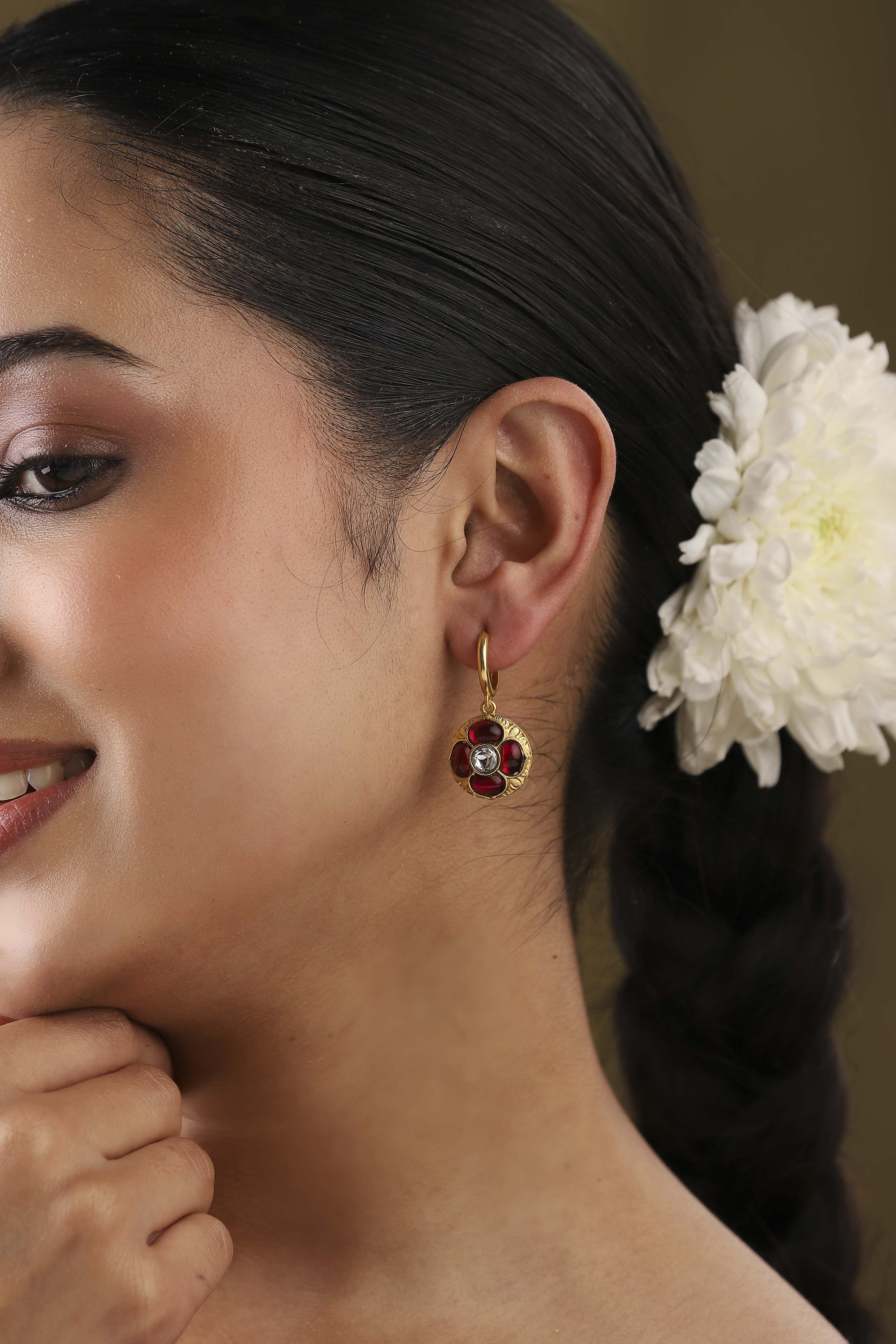 Pink Gold Plated Brass Floral Studded Drop Earrings image number 1