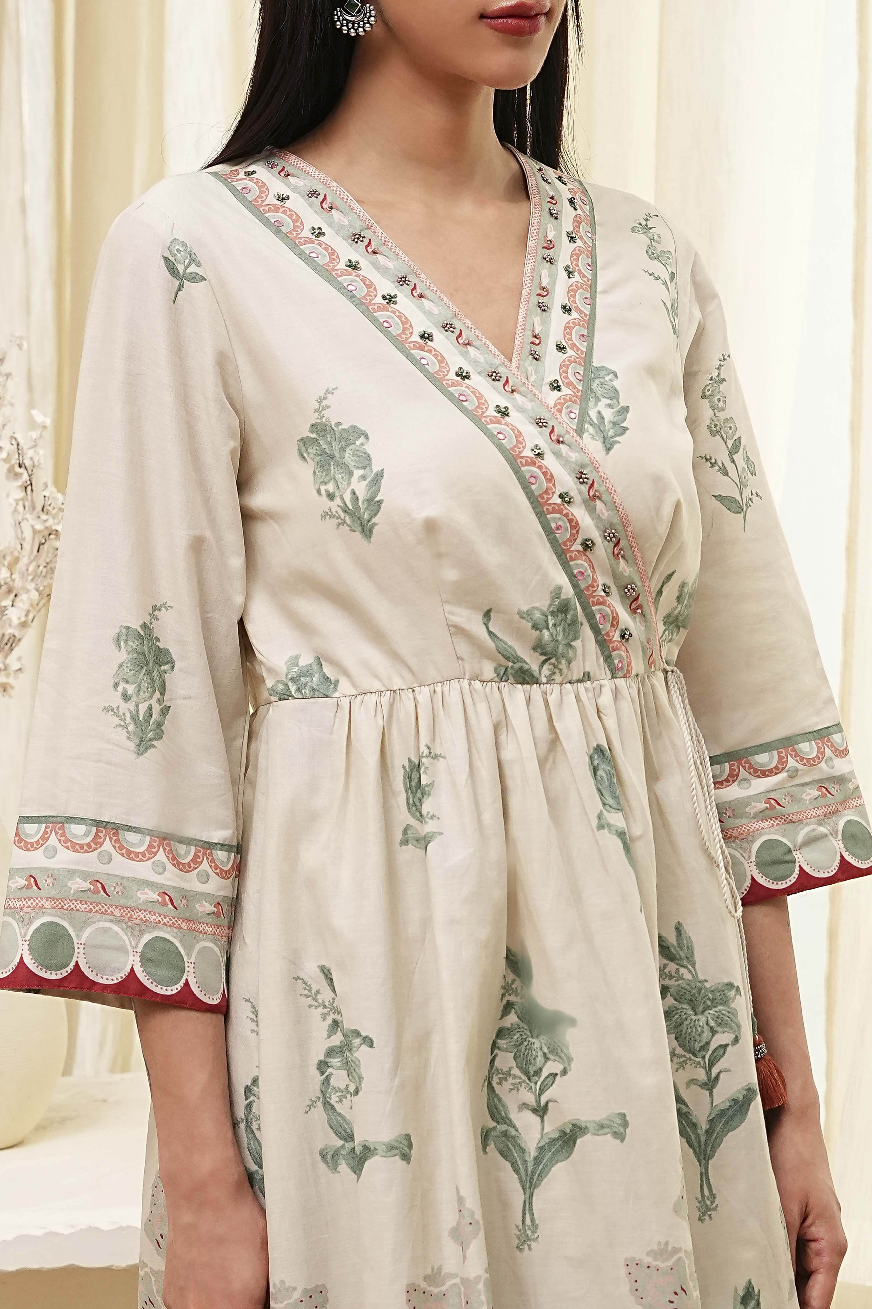 Beige and Green Cotton Angrakha Anarkali Kurta Set image number 1