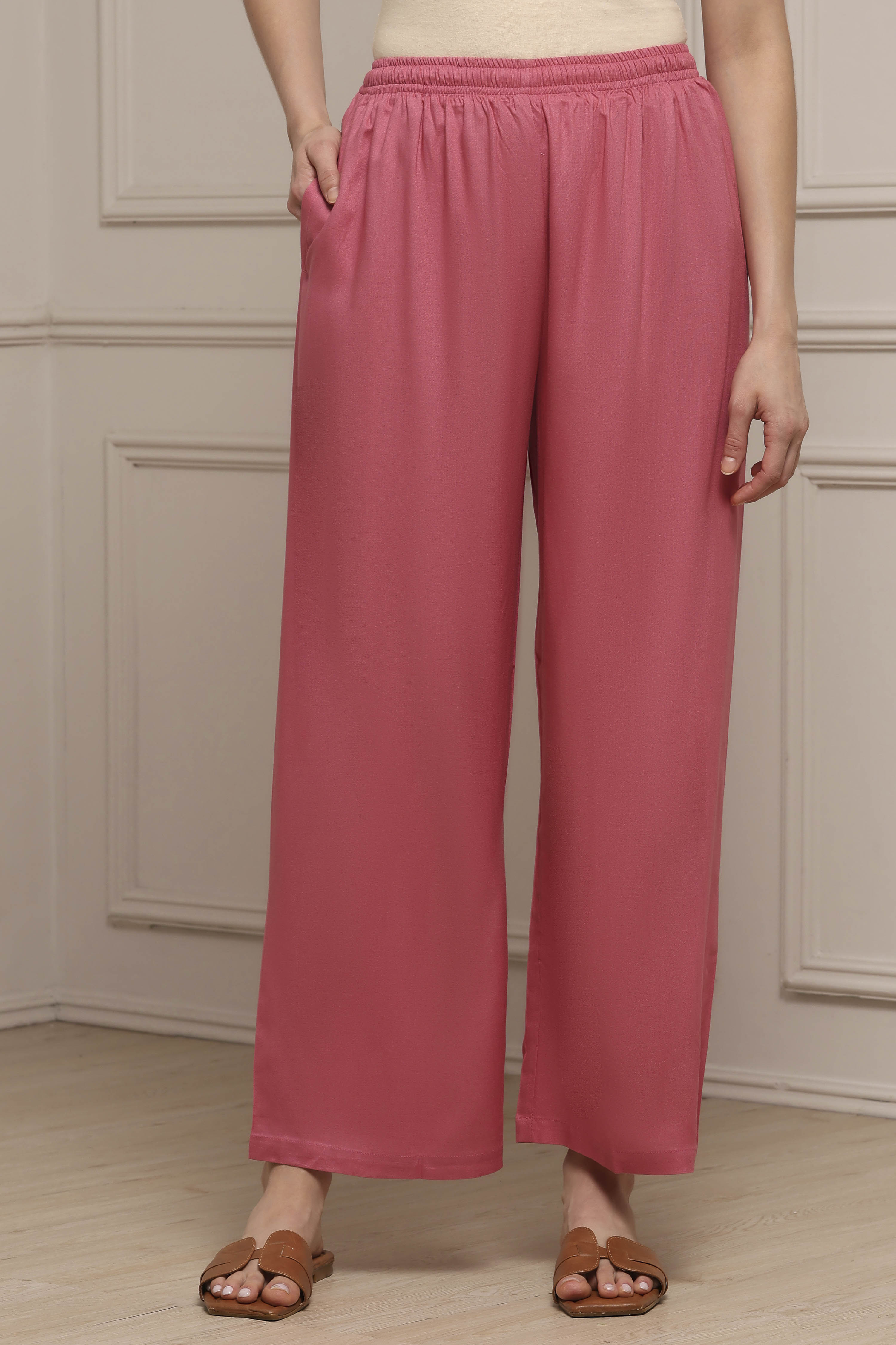 Light Pink Viscose Rayon Straight Palazzos image number 0