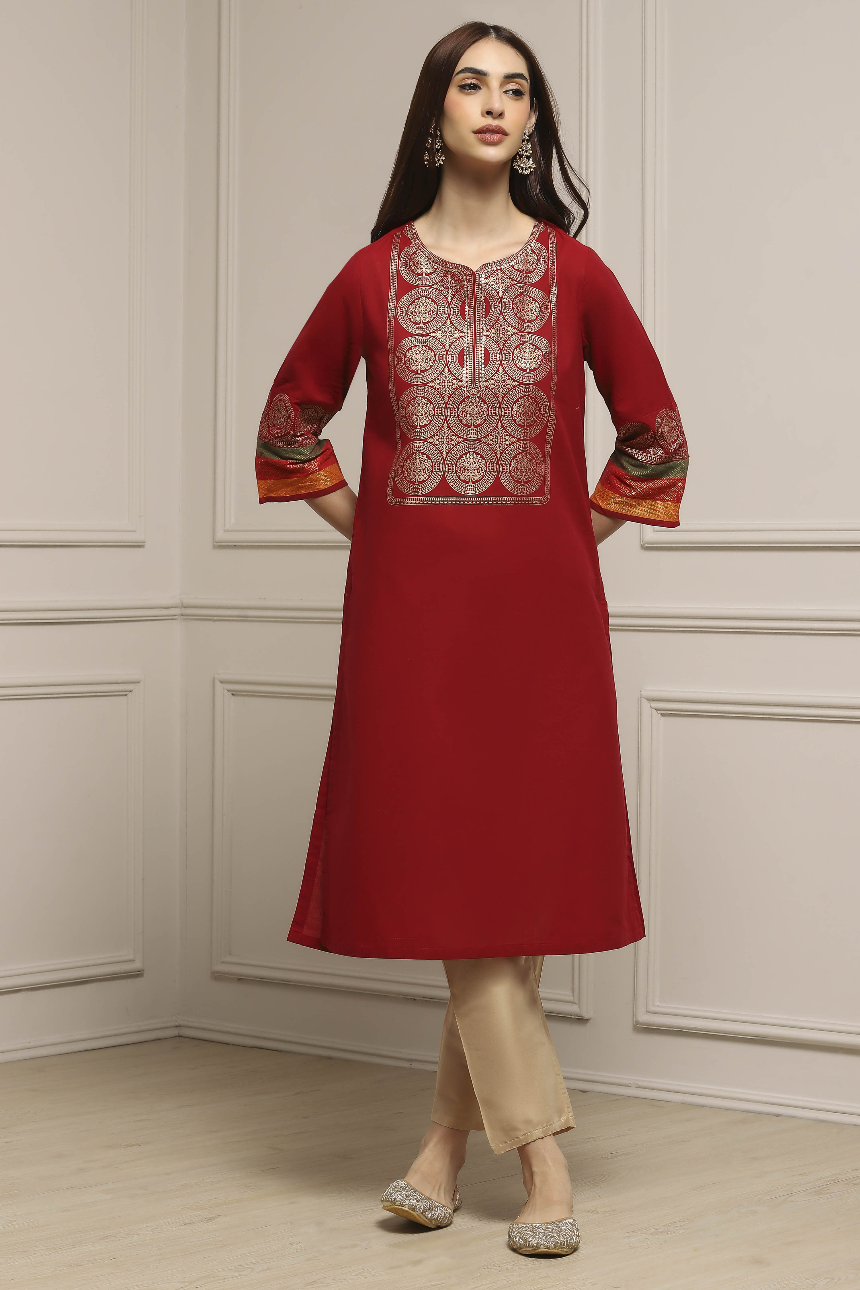Red Cotton Straight Kurta image number 0