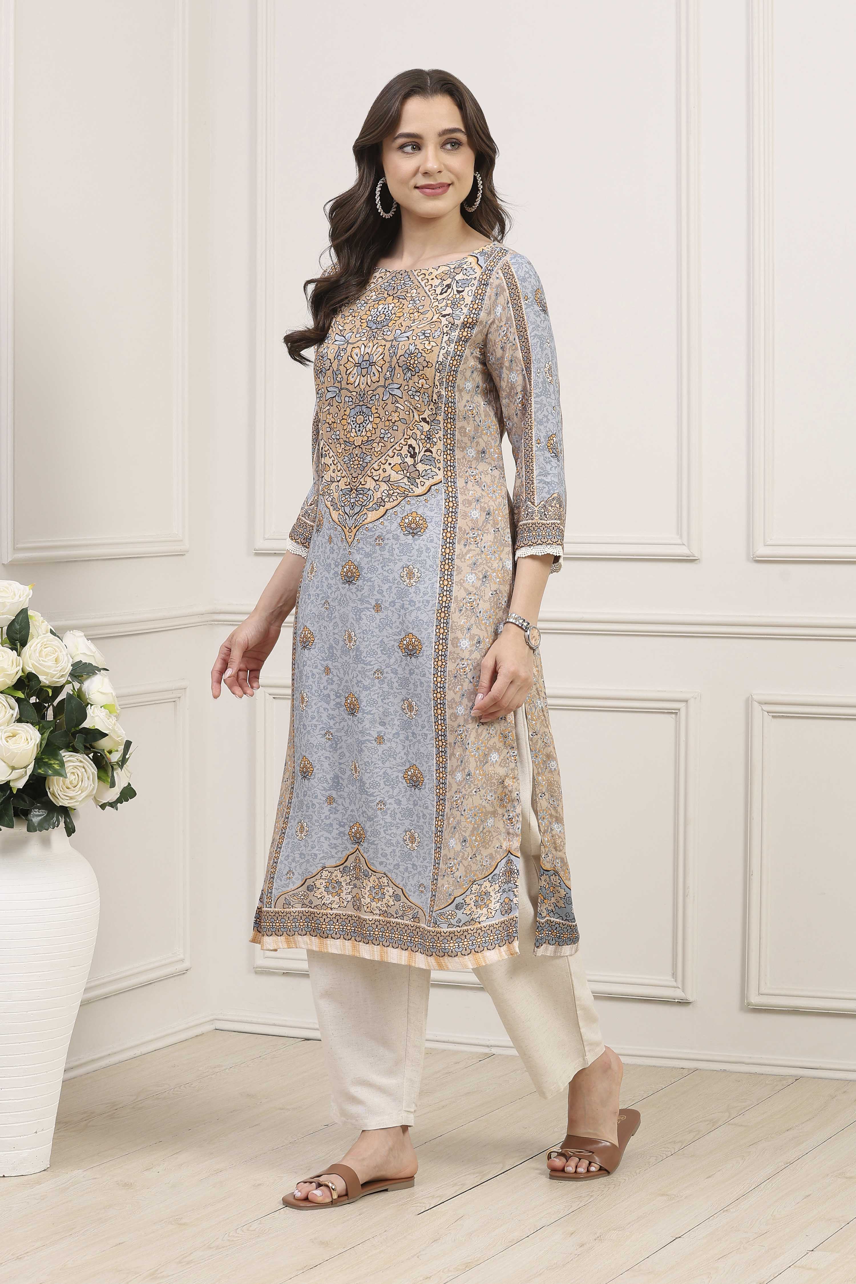 Beige Viscose Straight Kurta image number 2