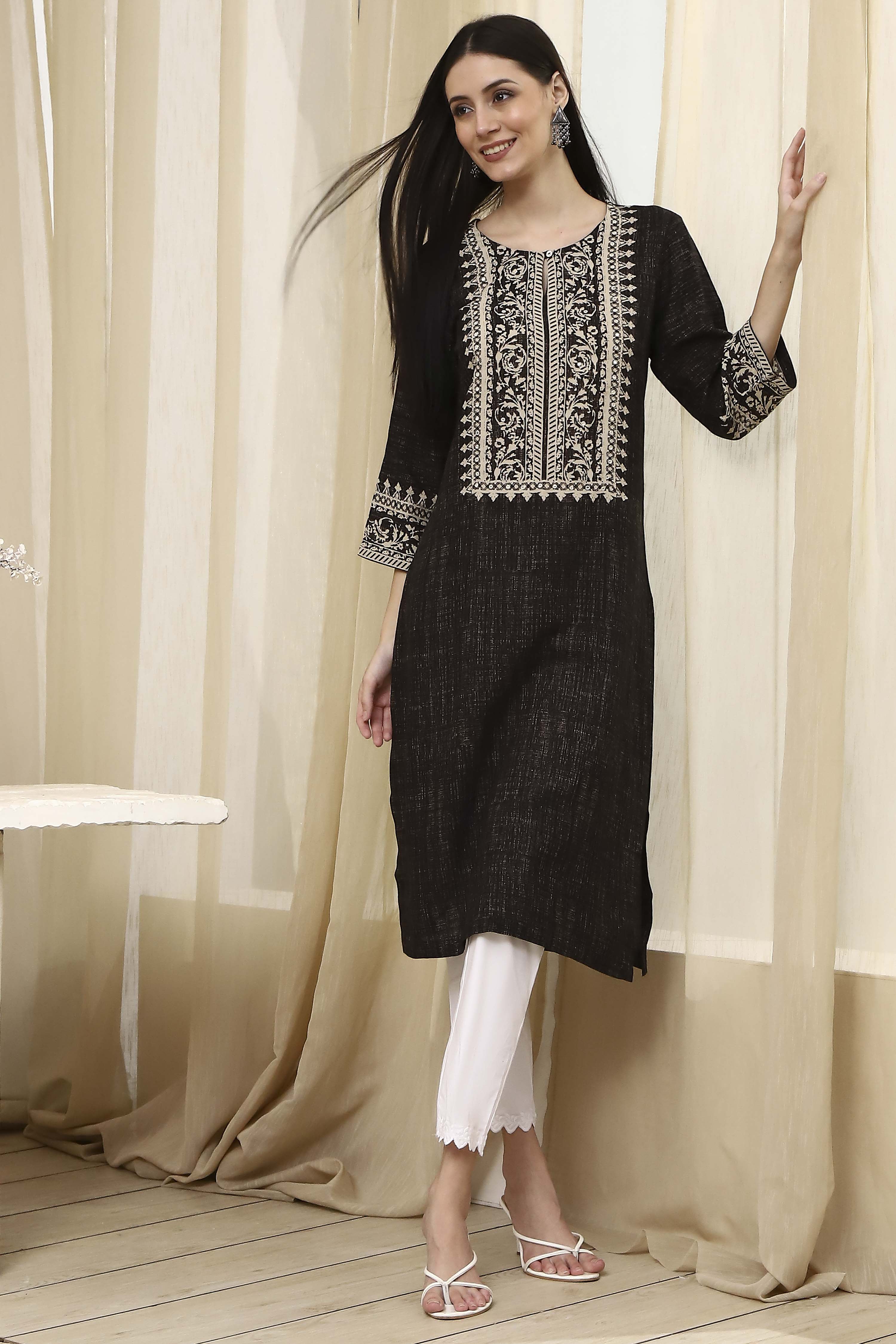 Black Printed Straight Kurta image number 0