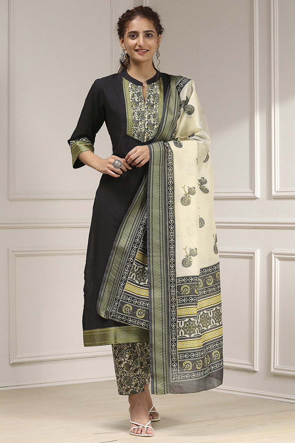 Mustard Cotton Modal Digital Print Unstitched Suit Set image number 1