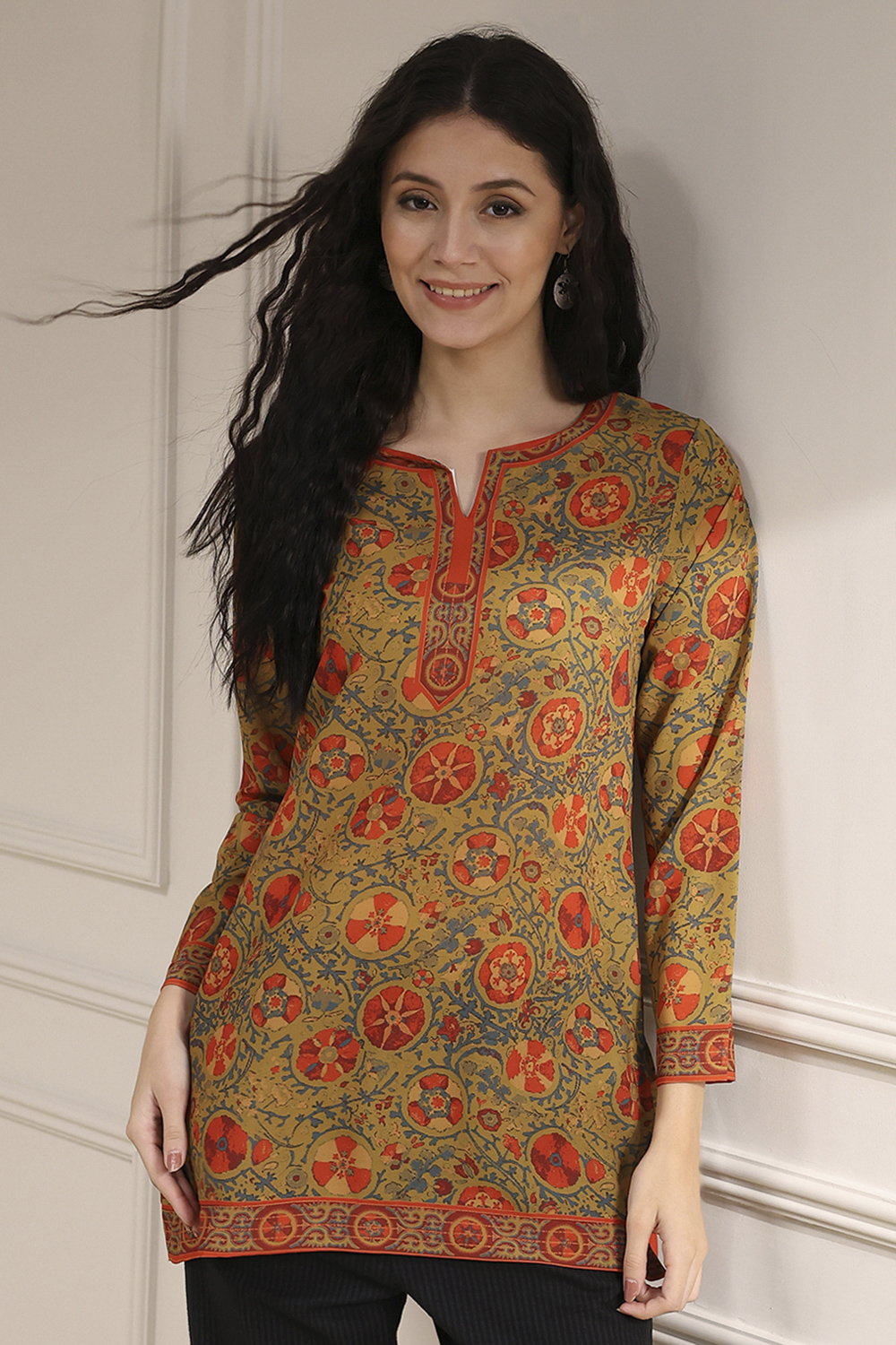 Mustard Red Polyester Straight Printed Short Kurta image number 6