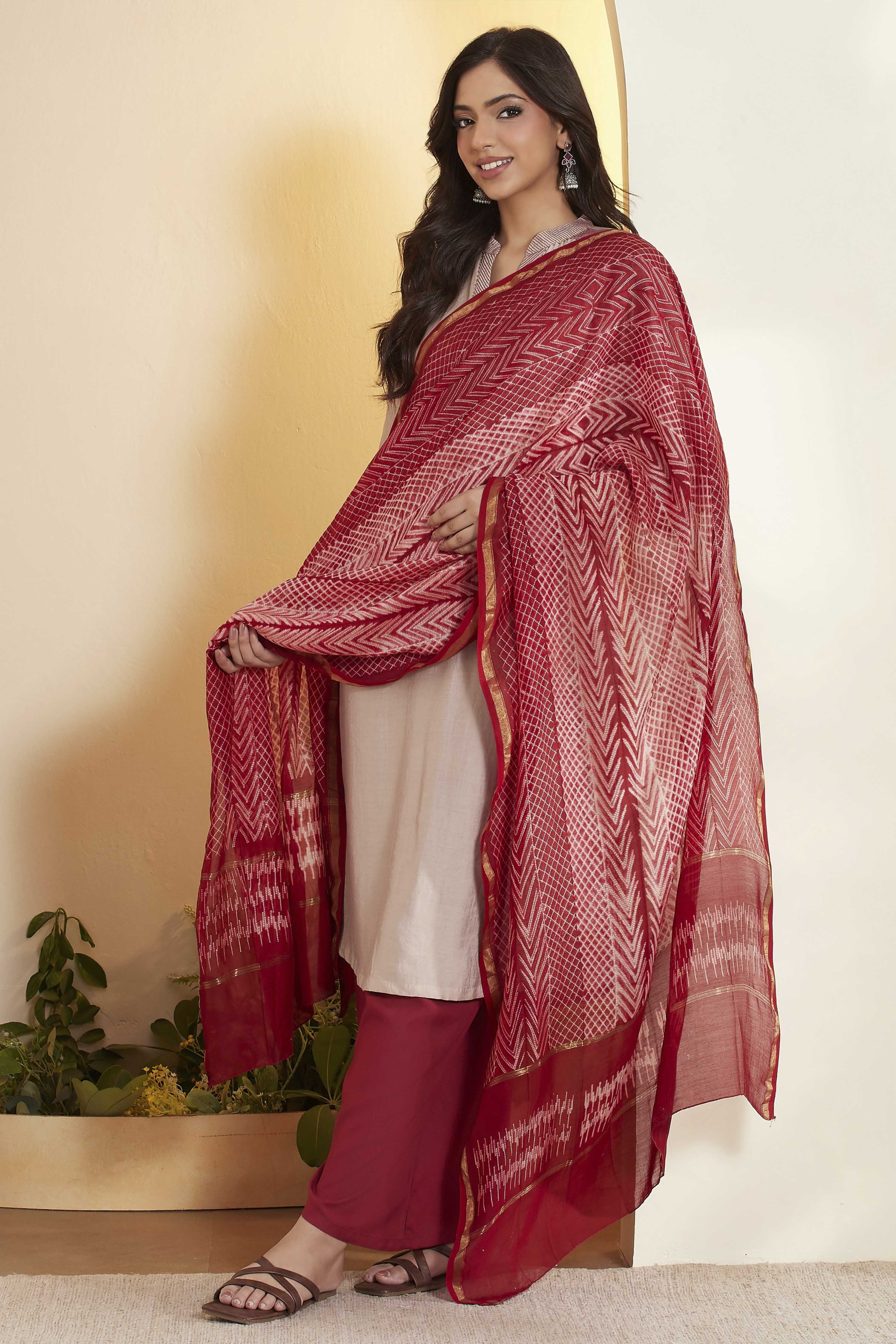 Red Chanderi Chevron Printed Dupatta image number 0