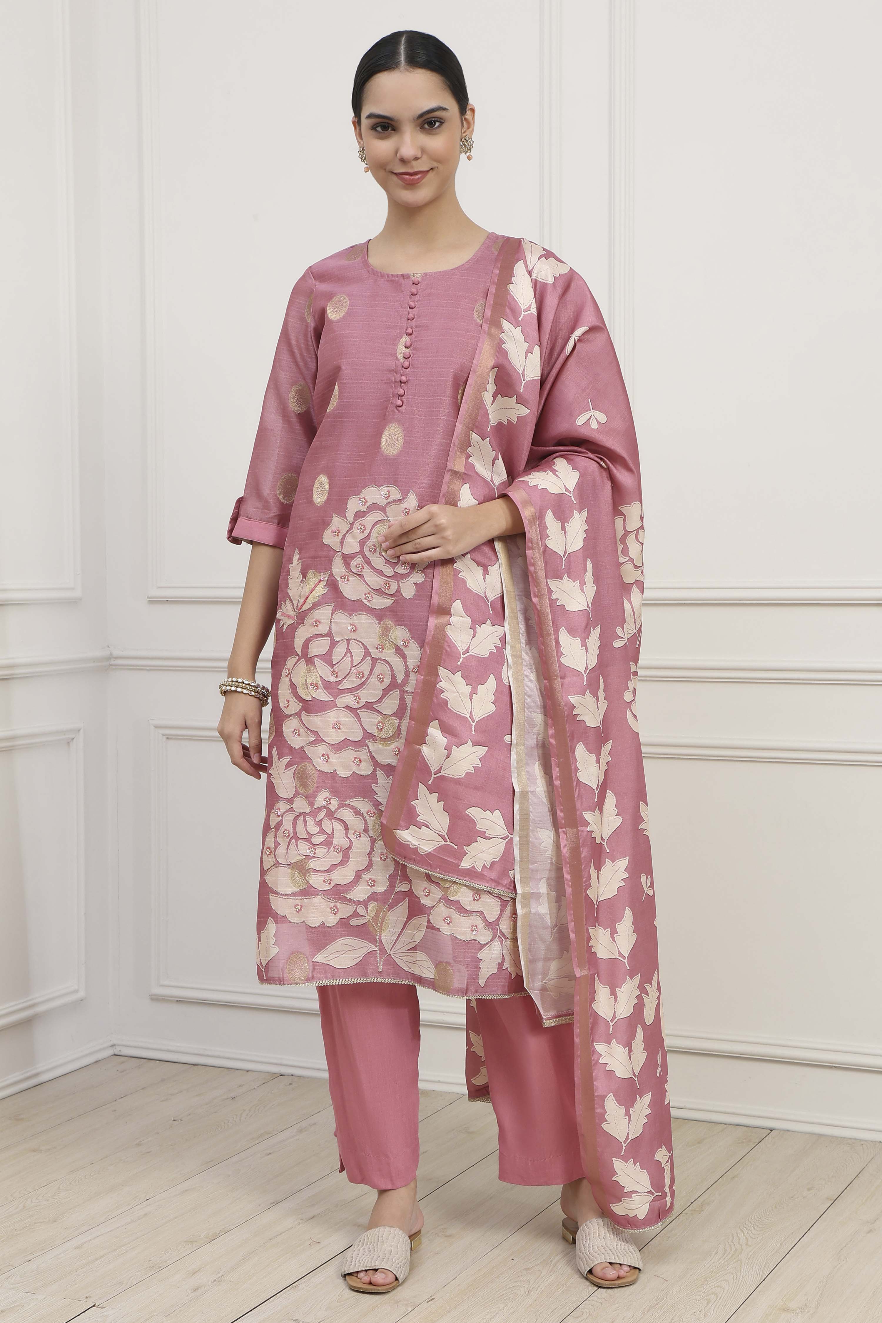 Pink Chanderi Blend Printed Embroidered Unstitched Suit Set image number 1