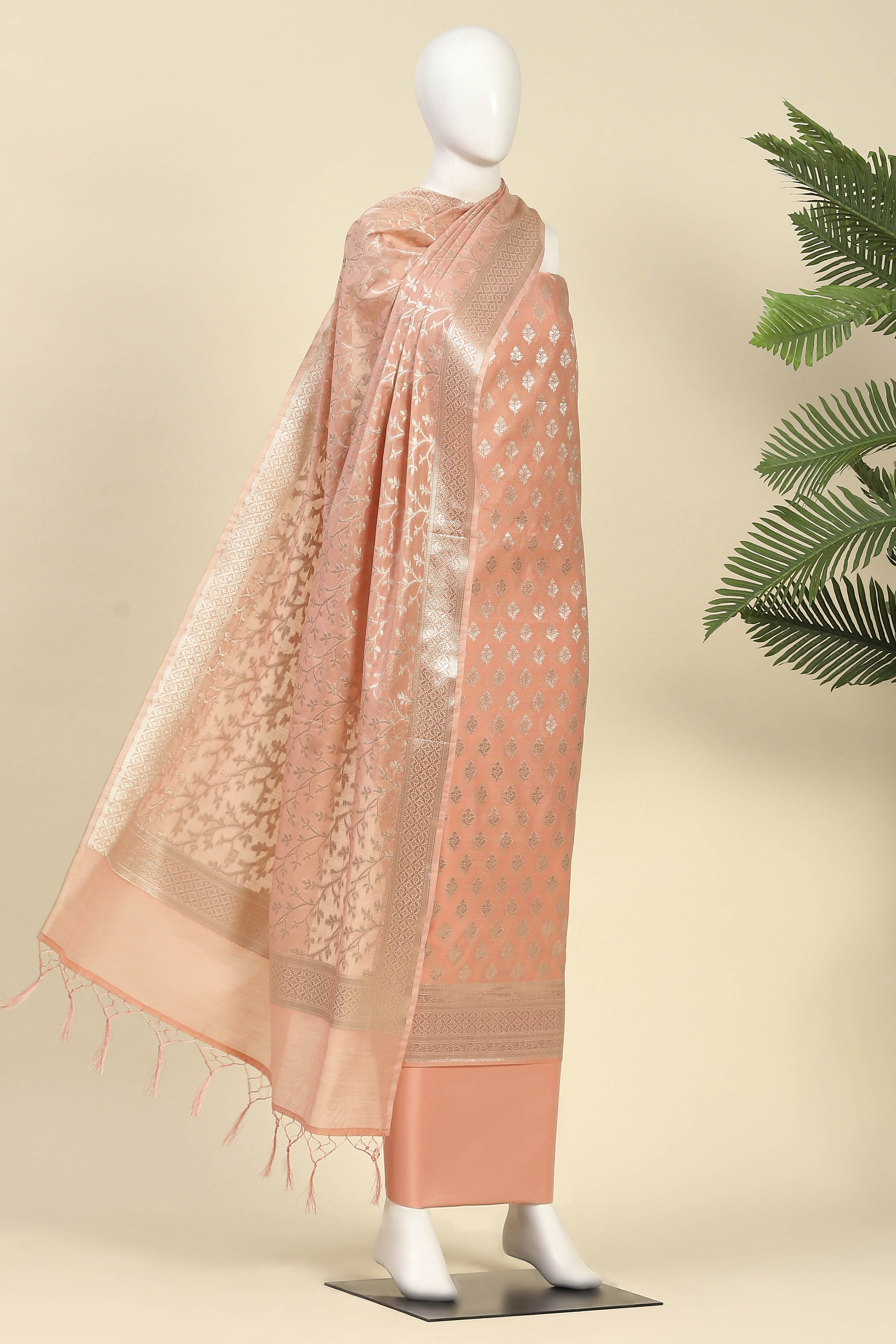 Light Pink Chanderi Ethnic Motif Unstitched Suit Set image number 4