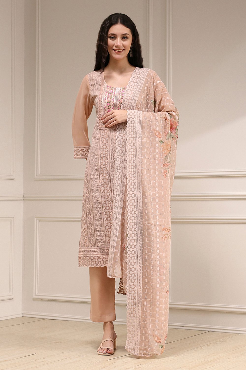 Pch Cotton Schiffly Unstitched Suit Set image number 1