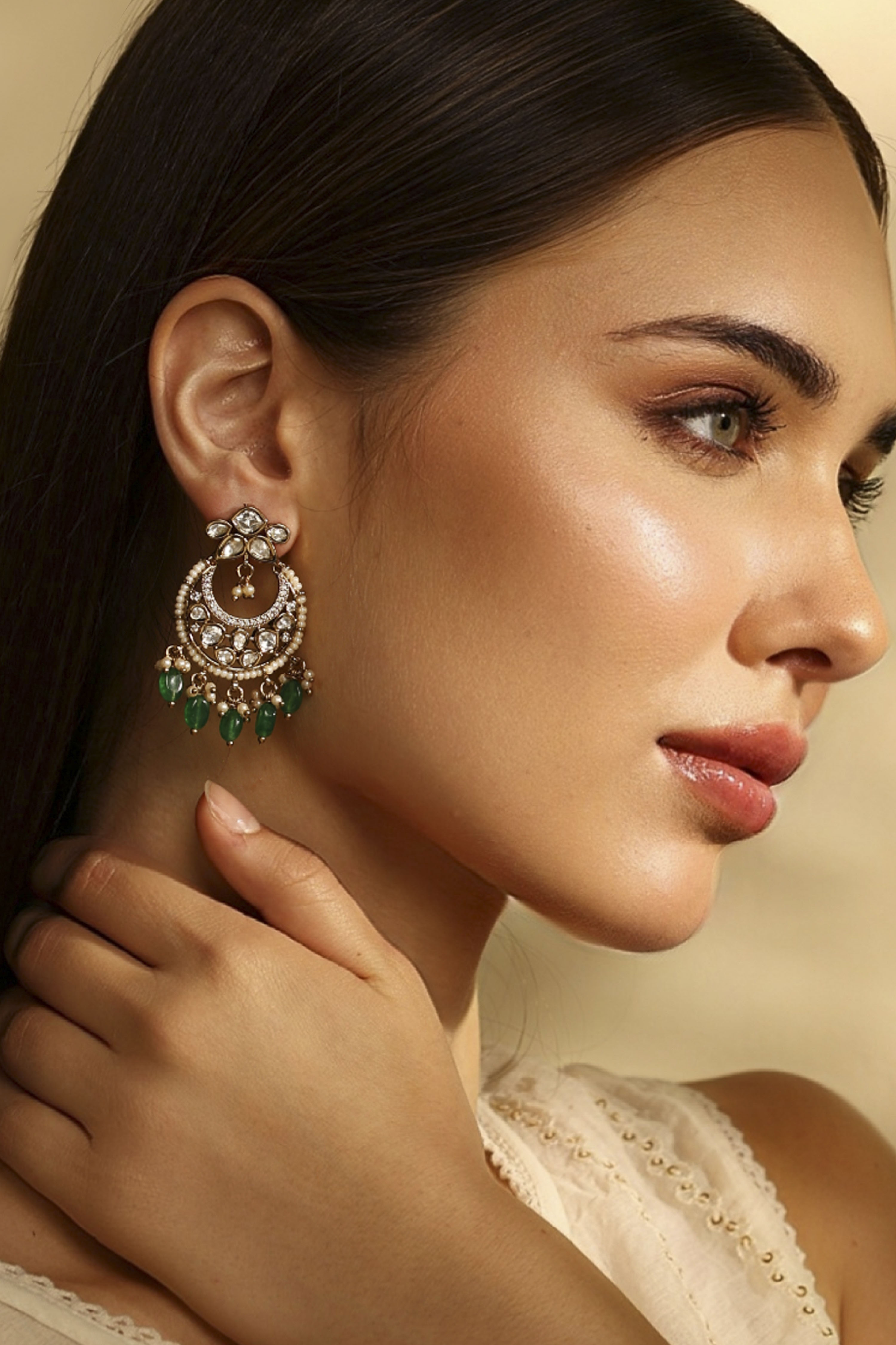 Green Gold-Plated Brass Studded Chaandbali image number 3