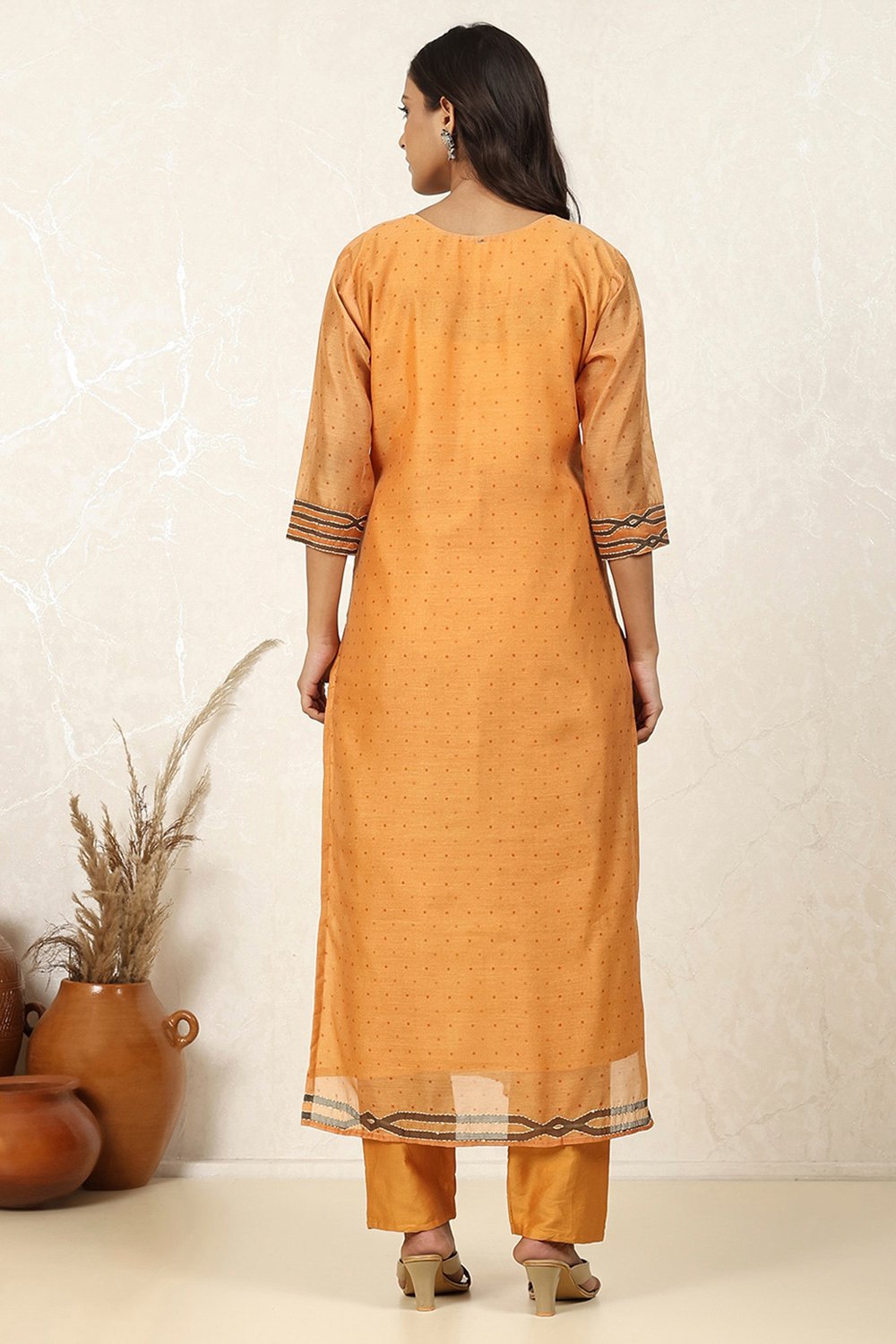 Yellow Chanderi Printed Unstitched Suit Set image number 5