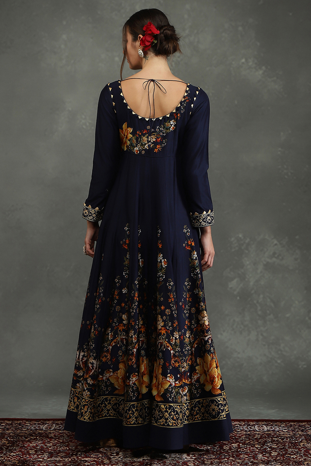 Rohit Bal Indigo Silk Chanderi Floral Anarkali Suit Set image number 4