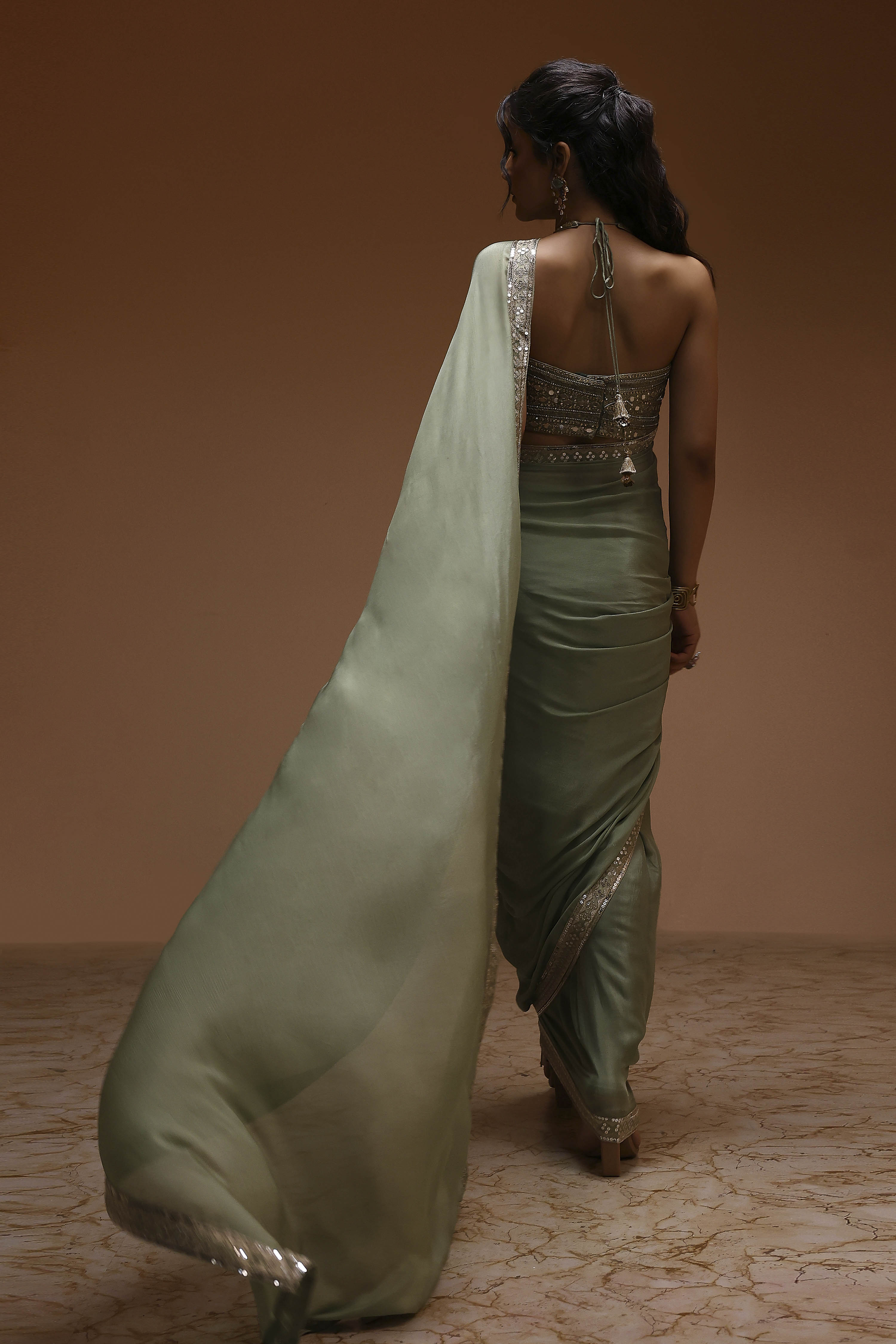 Sage Green Pure Chinnon Pre-Draped Saree image number 3